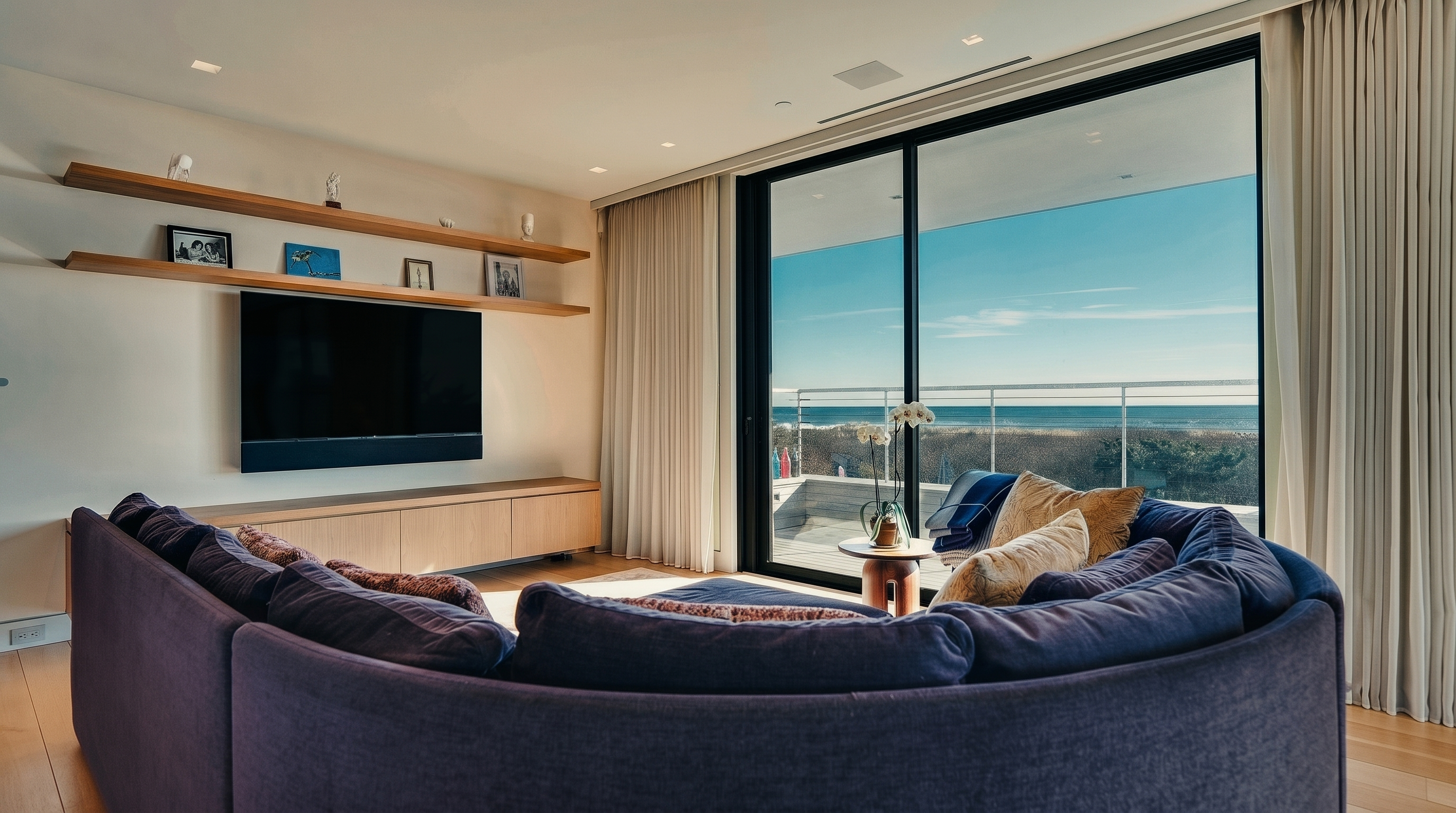 This bright and airy living room features a large, curved purple sectional sofa positioned to face a wall-mounted television and custom light wood media console. Above the television, two floating shelves display decorative items, while expansive floor-to-ceiling sliding glass doors provide a seamless transition to an outdoor deck with ocean views. The space is defined by its minimalist aesthetic, light wood flooring, and neutral walls, creating a serene and sophisticated atmosphere.