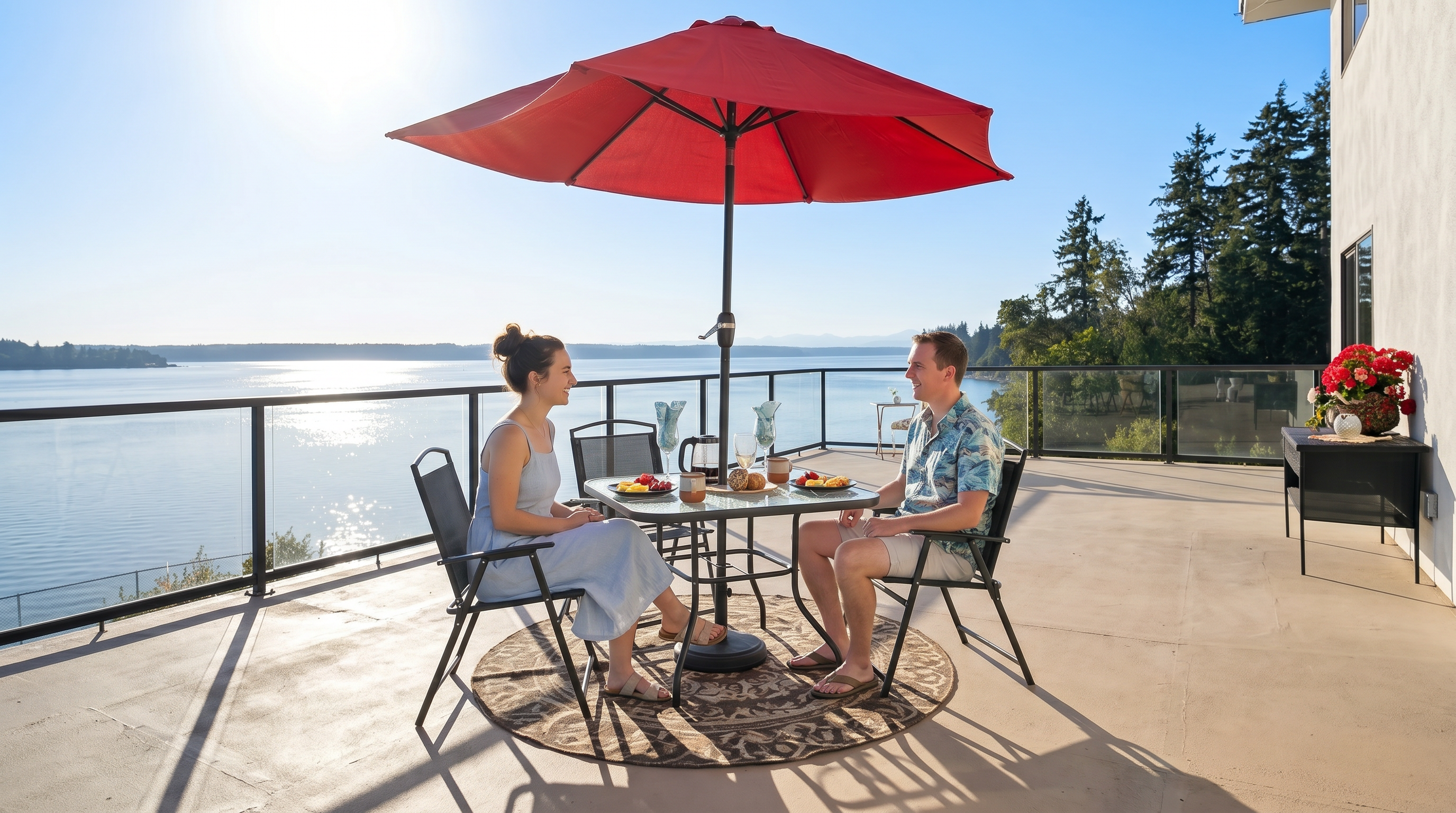 This expansive, elevated deck offers a panoramic view of a calm body of water under a clear blue sky. The space is furnished with a dining set shaded by a vibrant red umbrella and features a modern glass railing that maximizes the scenic outlook. The perspective is wide and open, emphasizing the seamless transition between the home's exterior and the natural landscape.