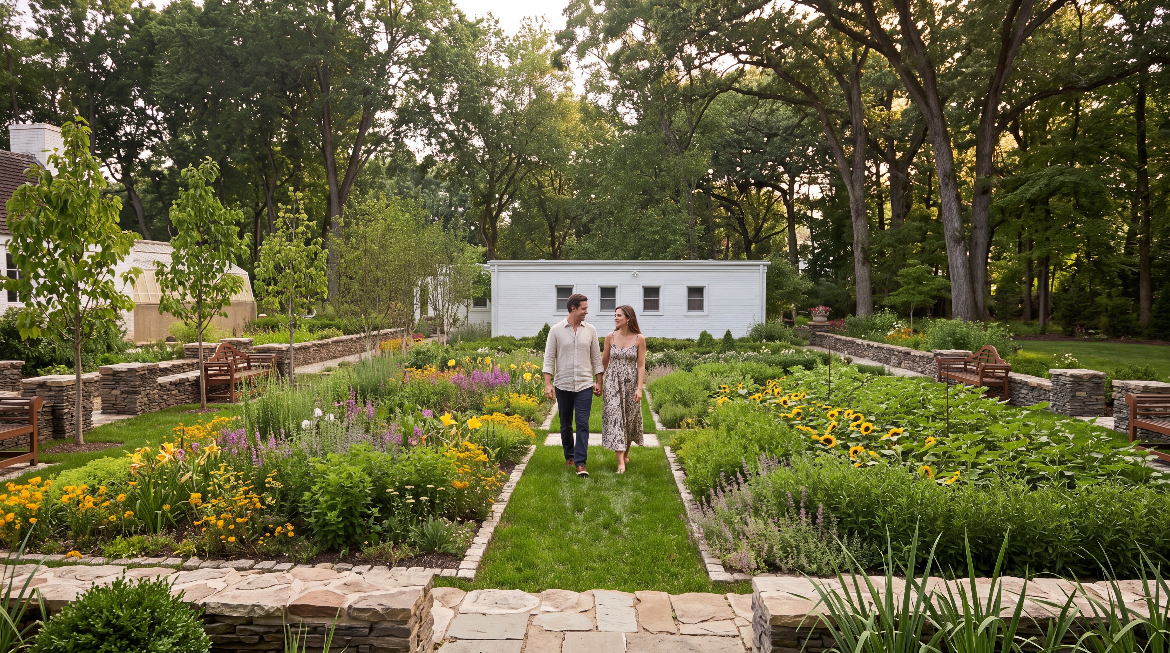 This tranquil, professionally landscaped garden showcases a lush green pathway flanked by vibrant perennial flower beds and rows of sunflowers. The property features stone retaining walls, classic wooden benches for seating, and a structured layout leading toward a white brick structure, creating an elegant and serene outdoor retreat.