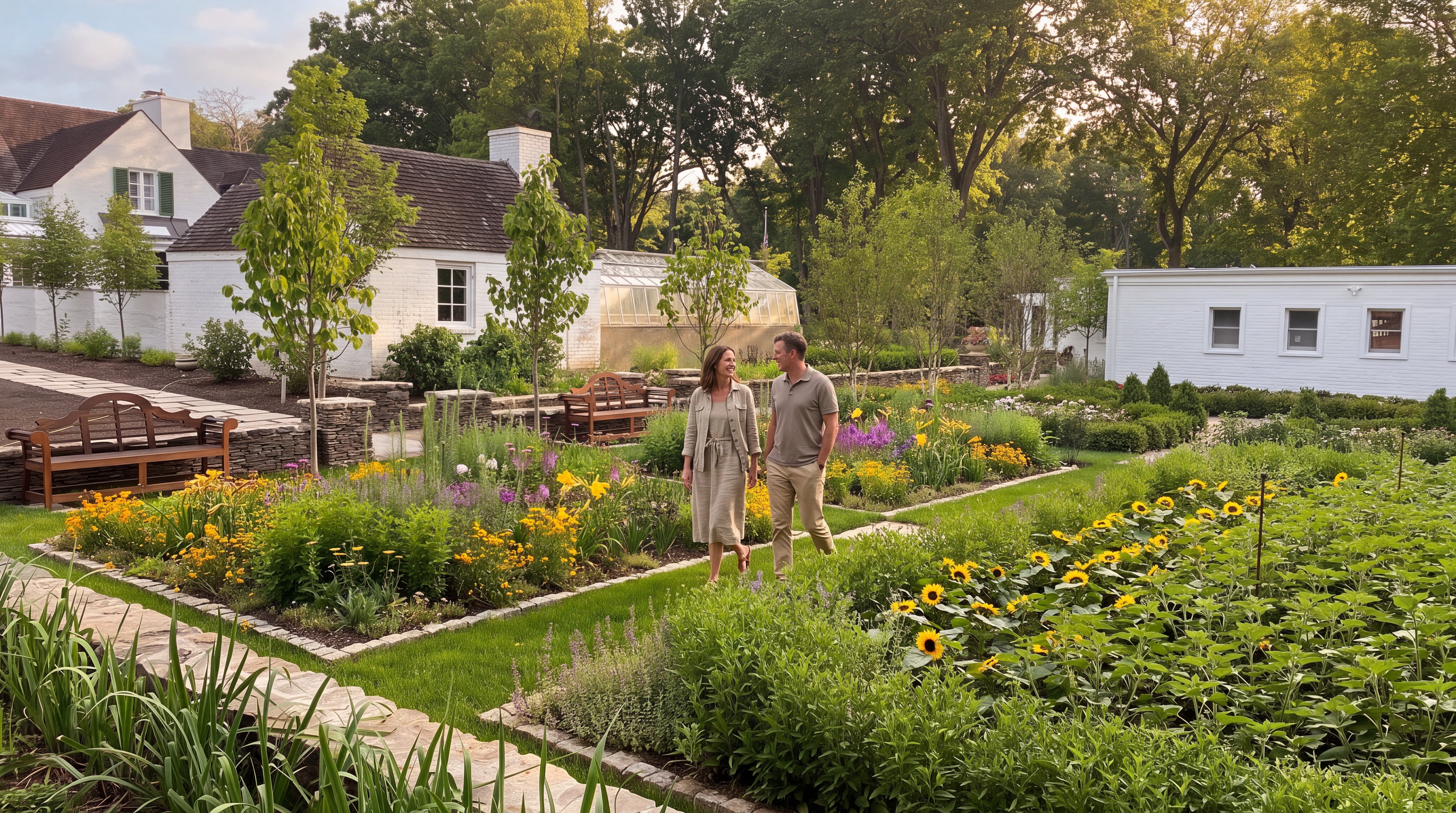 This stunning estate features an expansive, meticulously landscaped formal garden with vibrant beds of sunflowers and various perennials. A paved walkway leads through the verdant grounds, accented by white brick structures, a greenhouse, and decorative garden benches. The peaceful, park-like setting offers a sophisticated and serene outdoor living space.