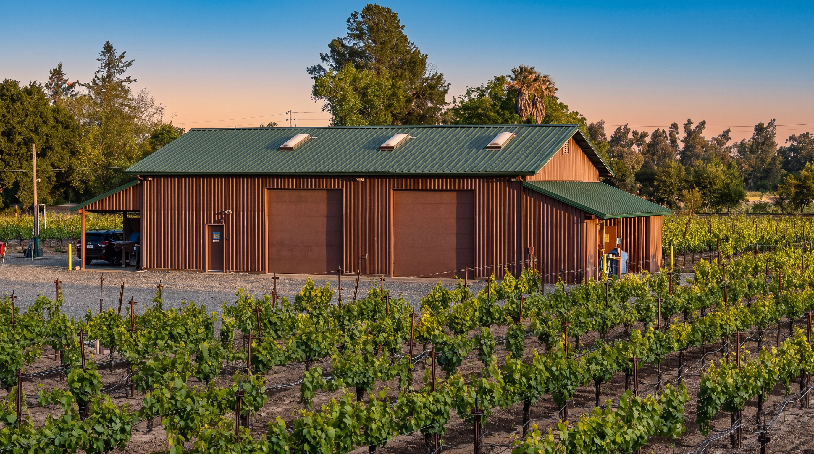 This image captures a side view of a large, brown metal-sided barn or workshop building situated amidst a lush, green vineyard. The structure features a green metal roof with skylights, two large roll-up doors, and a covered side area where a vehicle is parked. The perspective is slightly elevated, showcasing the expansive agricultural setting under a clear blue sky.