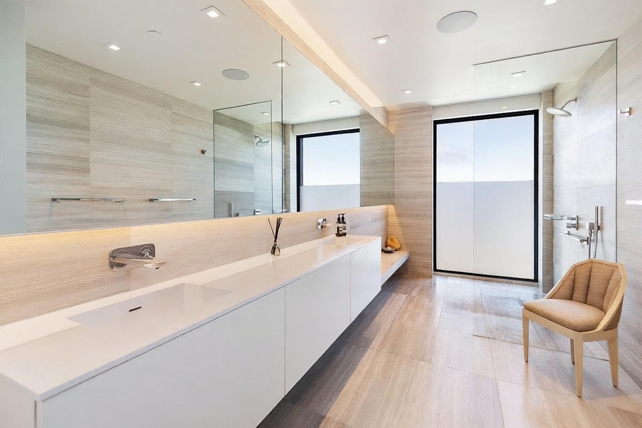 This modern primary bathroom features a long, minimalist white vanity with integrated sinks and wall-mounted faucets, set against a large mirror that reflects the spacious room. To the right, a glass-enclosed walk-in shower area includes a light-toned wooden chair, creating a spa-like atmosphere. The space is finished with neutral, linear-patterned wall and floor tiles, illuminated by recessed ceiling lights and a window that provides natural light.