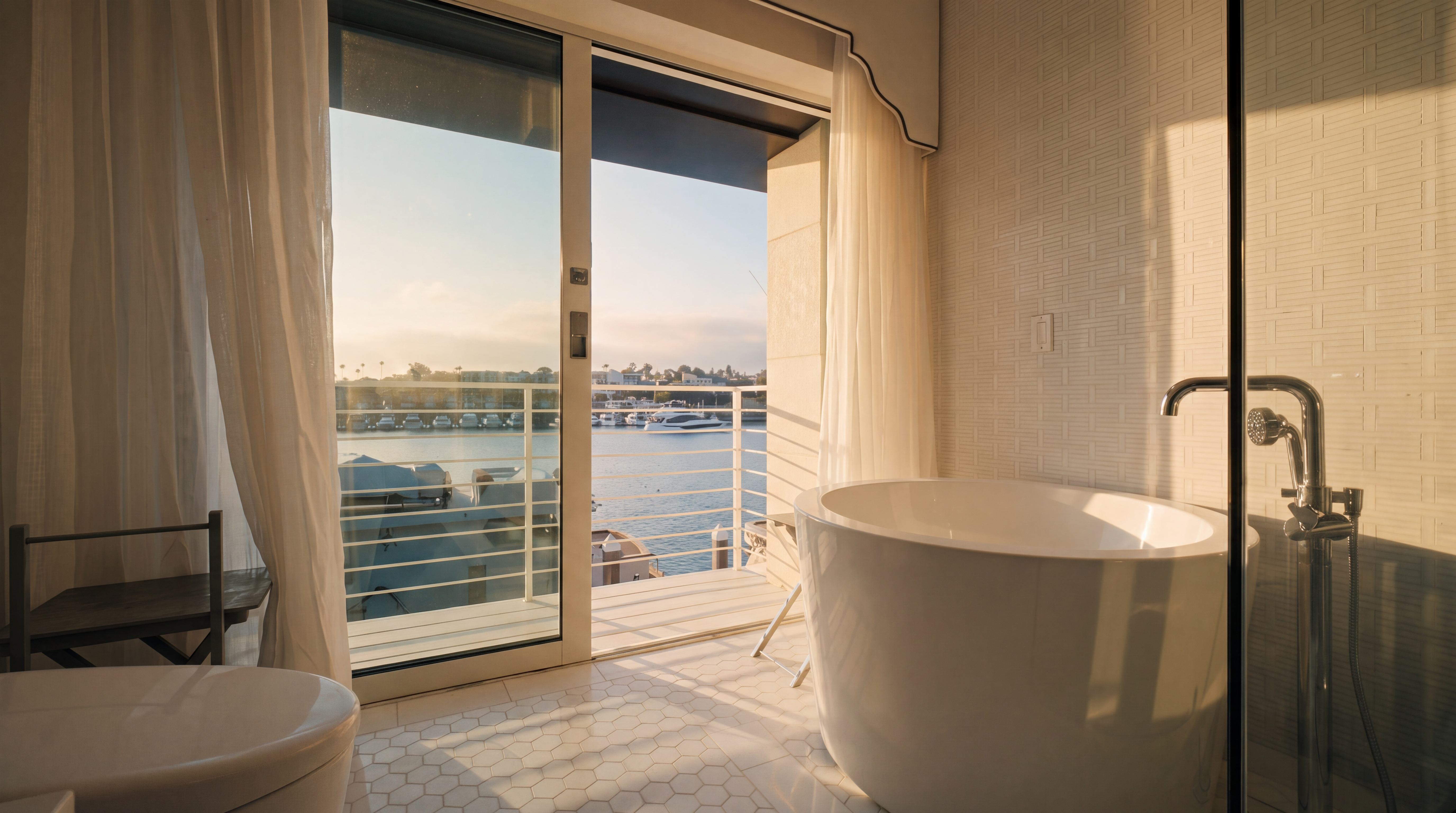 This luxurious primary bathroom features a sleek, freestanding white soaking tub positioned next to a large sliding glass door that opens onto a private balcony overlooking a marina. The space is finished with white hexagonal floor tiles and crisp white walls, creating a bright and airy atmosphere. The perspective captures the seamless transition between the indoor bathing area and the scenic waterfront view outside.