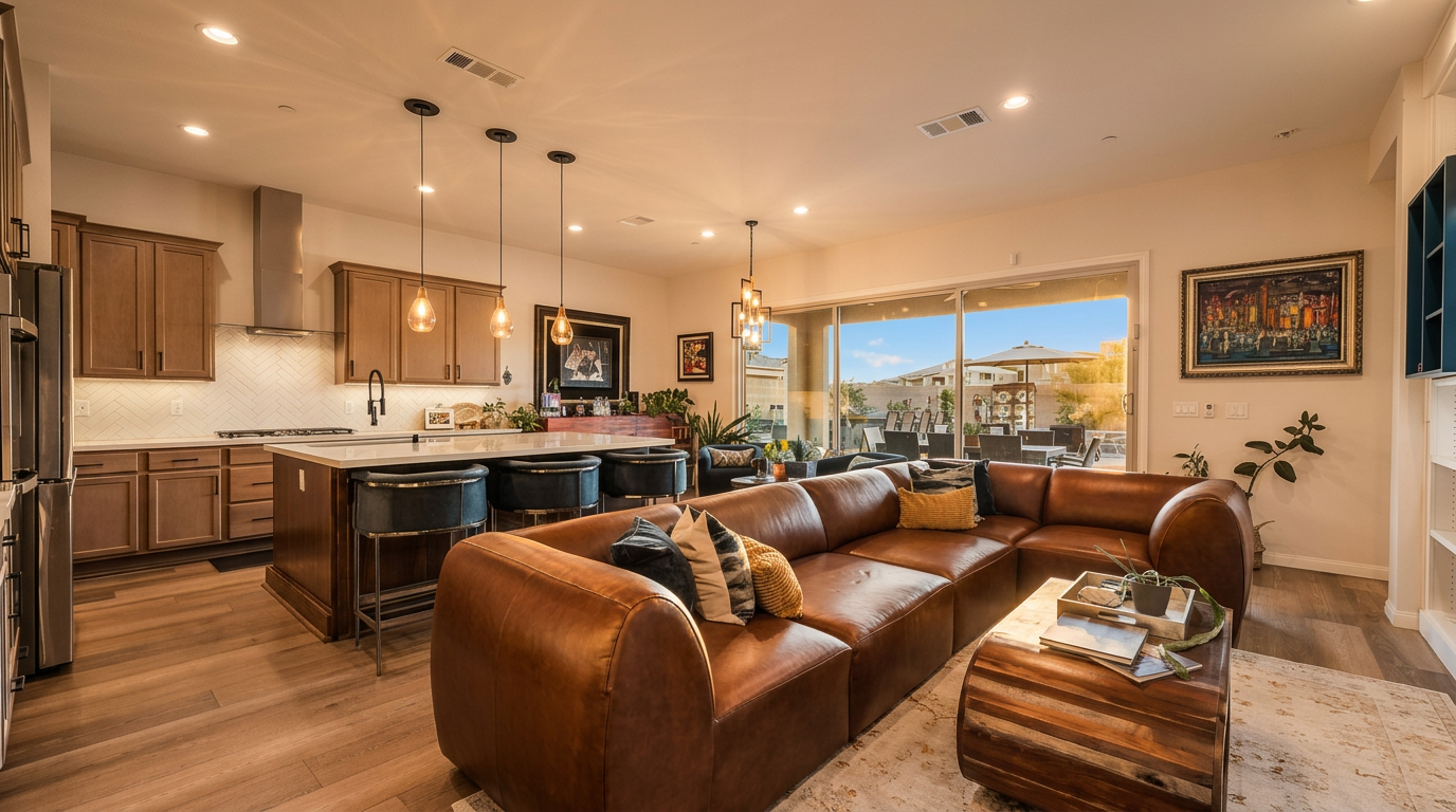 This open-concept living area features a large, rich brown leather sectional sofa centered on a patterned area rug, creating a warm and inviting atmosphere. The space flows seamlessly into a modern kitchen with light wood cabinetry, a spacious island with bar seating, and pendant lighting. Large sliding glass doors provide a clear view of the outdoor patio, enhancing the sense of space and natural light throughout the room.