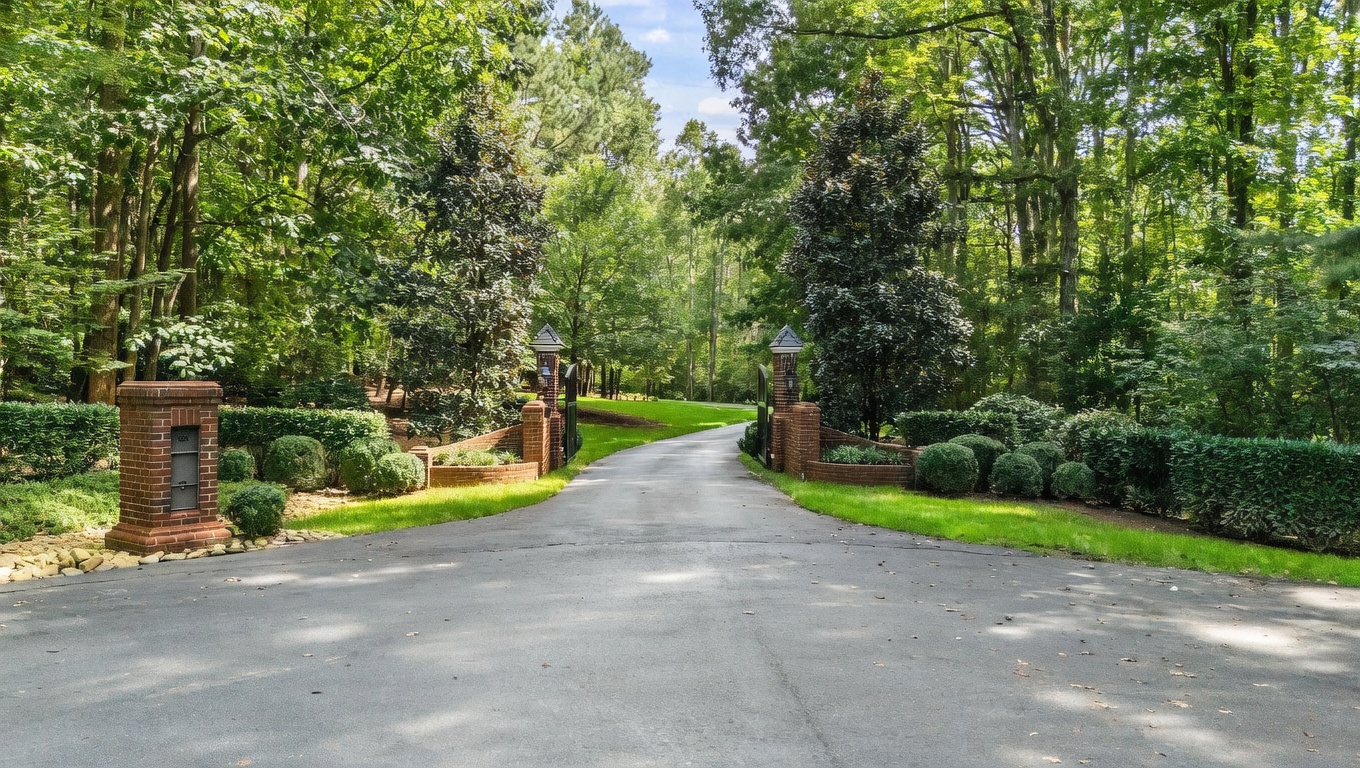 This image captures the grand gated entrance to a private property, featuring brick pillars and low brick walls that frame a winding asphalt driveway. The entrance is surrounded by lush, mature trees and manicured landscaping, creating a secluded and prestigious atmosphere. The perspective is a ground-level view looking down the driveway, emphasizing the sense of privacy and arrival at a high-end estate.