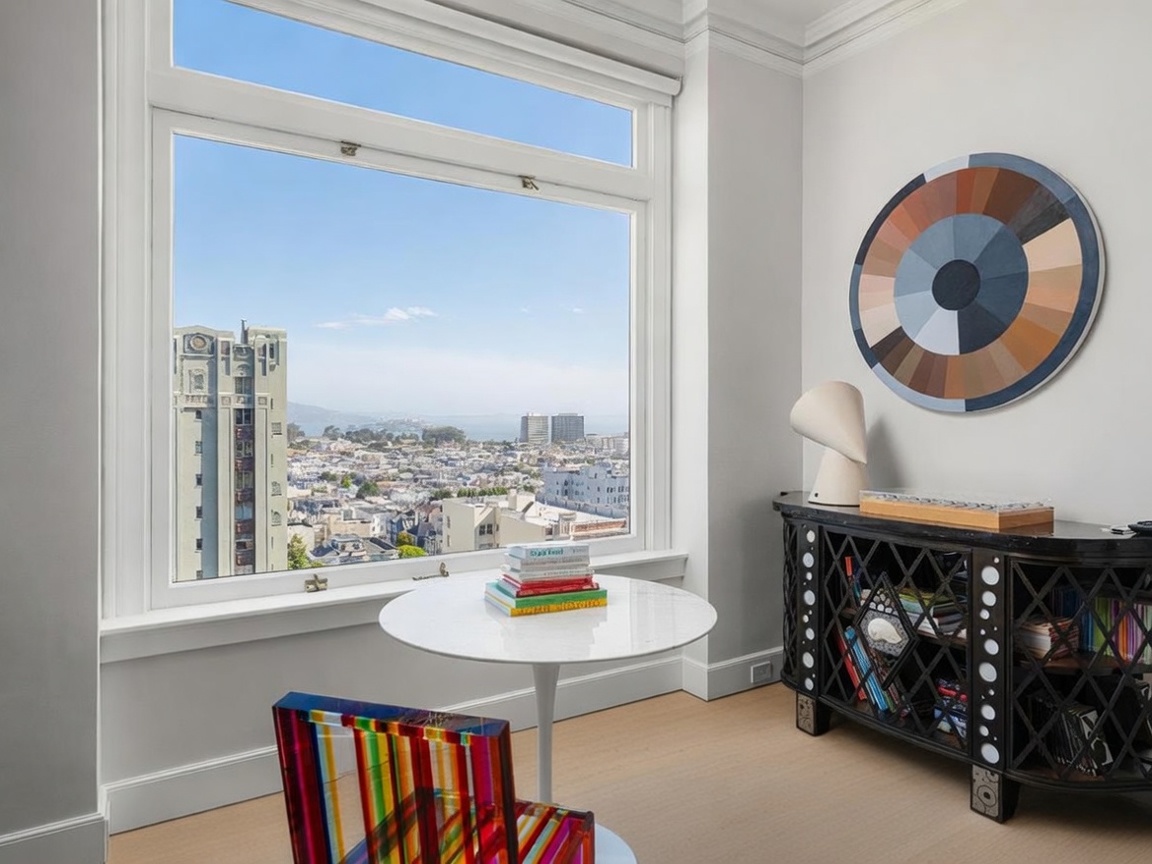 This bright and modern study area features a round white table positioned in front of a large window that offers a panoramic city and bay view. To the right, a black decorative cabinet with a geometric lattice pattern holds books and a sculptural lamp, while a colorful, translucent acrylic chair adds a vibrant artistic touch. The room is finished with light wood flooring and neutral walls, creating a sophisticated and airy atmosphere.