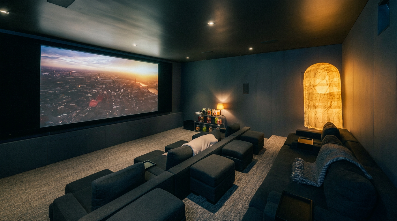 This image showcases a sophisticated, dark-themed home theater room designed for an immersive cinematic experience. The space features tiered rows of plush, dark gray modular seating, a large projection screen displaying a cityscape, and a small snack station with glass jars of candy. The room is accented by a unique, arched, glowing floor lamp that adds a warm, ambient touch to the otherwise moody and modern aesthetic.
