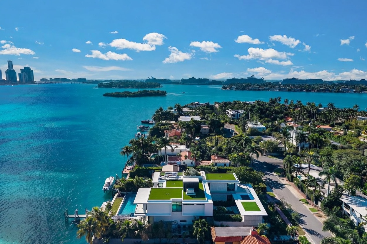 This high-angle aerial shot captures a luxurious waterfront estate featuring a modern architectural design with flat, green-roofed sections and a private swimming pool. The property is situated on a lush, tropical peninsula surrounded by vibrant turquoise water, with a clear view of the distant city skyline and cruise ships on the horizon. The perspective emphasizes the home's prime location, expansive outdoor living spaces, and seamless integration with the coastal environment.