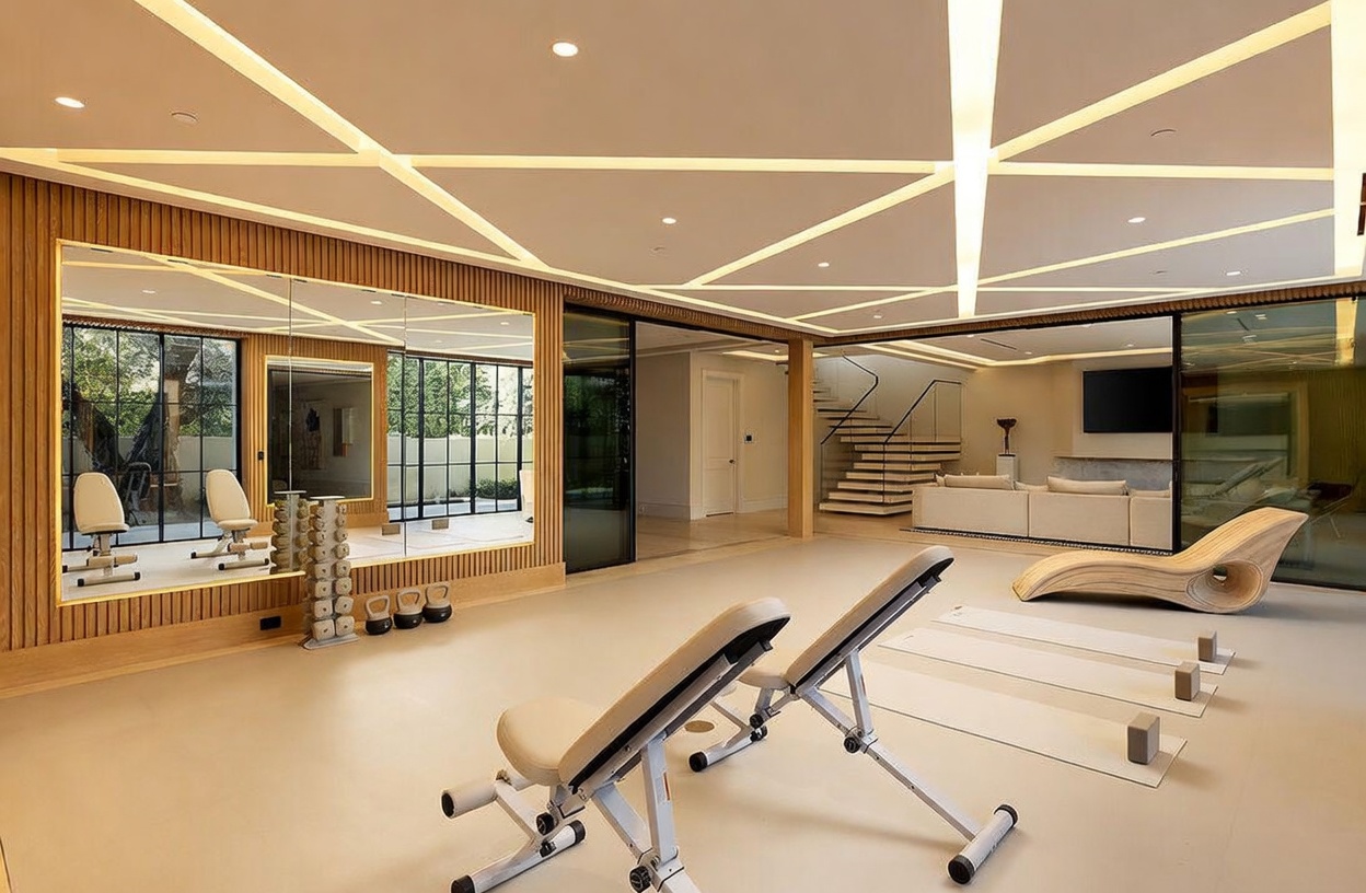 This sophisticated home gym features a minimalist aesthetic with light-toned flooring, wood-paneled walls, and a striking geometric ceiling design with integrated lighting. The space is equipped with a weight bench, yoga mats, and a sculptural wooden lounge chair, while a large mirrored wall reflects the room and provides a view into an adjacent living area with a staircase. The open-concept layout creates a seamless flow between the workout zone and the rest of the home, emphasizing a luxurious and modern lifestyle.