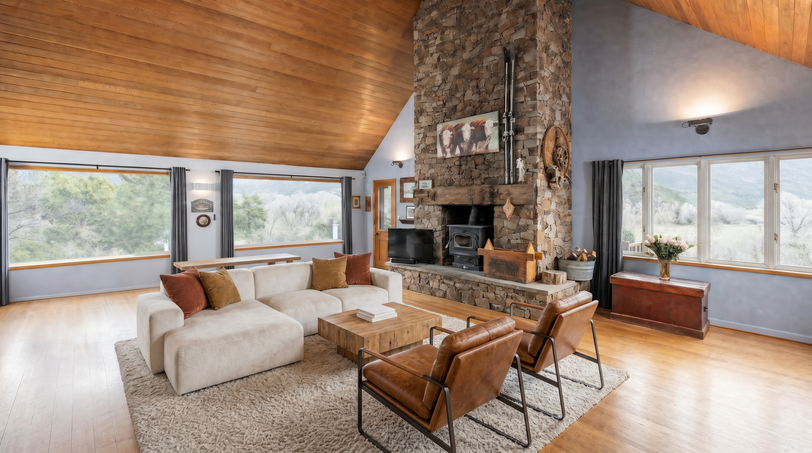 This spacious living room features massive windows that capture natural light and surround wood-paneled, cathedral ceilings with a high-end, rustic mountain aesthetic. The centerpiece is a floor-to-ceiling stone fireplace with a wood-burning stove, creating a warm focal point, while the cozy seating area is complete with leather armchairs and a modern, modular sofa. The open-concept layout and combination of natural wood and stone textures provide a quintessential cozy, high-mountain retreat vibe.