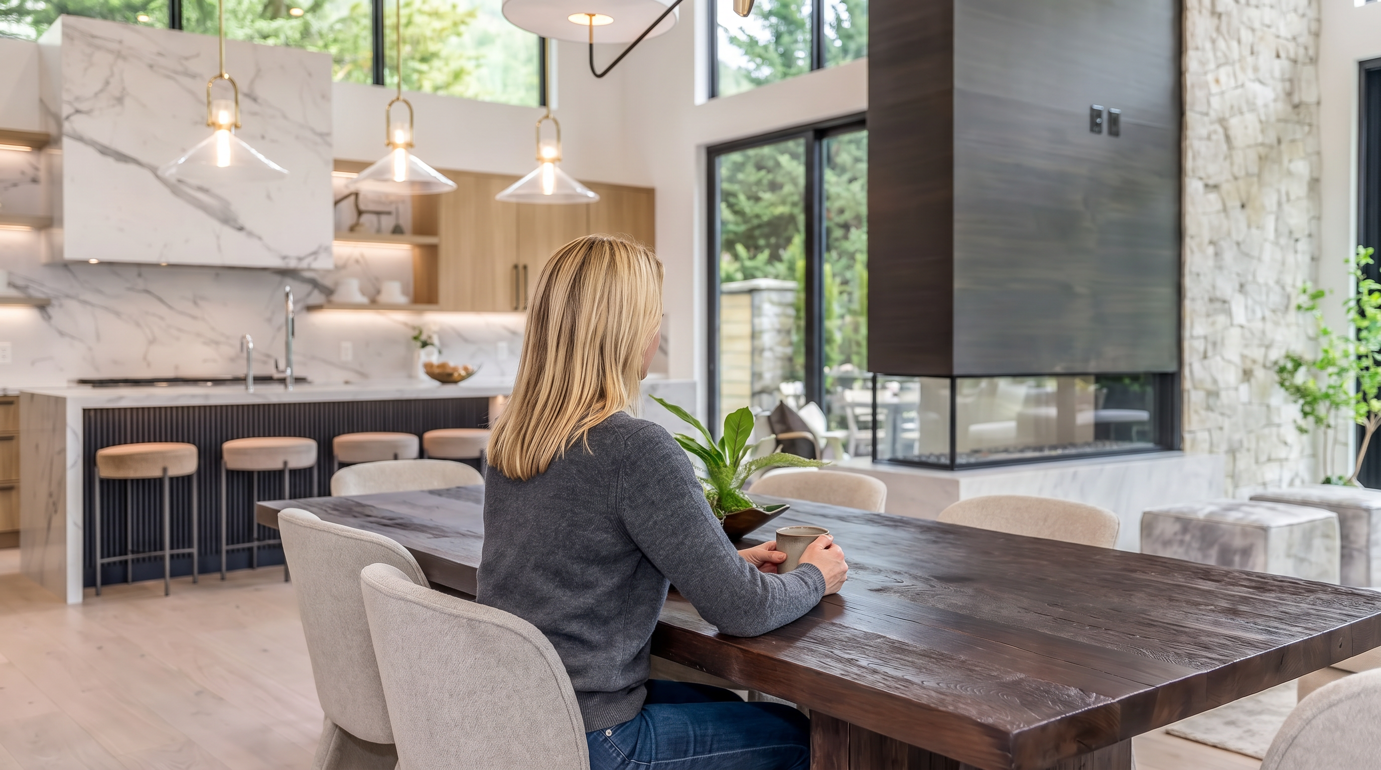 This open-concept living space features a seamless blend of kitchen, dining, and lounge areas under a light wood-paneled ceiling. A central, dark-toned chimney breast with a glass-enclosed firebox serves as a dramatic focal point, flanked by a stone-clad wall and expansive glass sliding doors that open to the outdoors. The room is furnished with a large dark wood dining table, upholstered chairs, and a plush sectional sofa, creating a sophisticated and airy atmosphere.