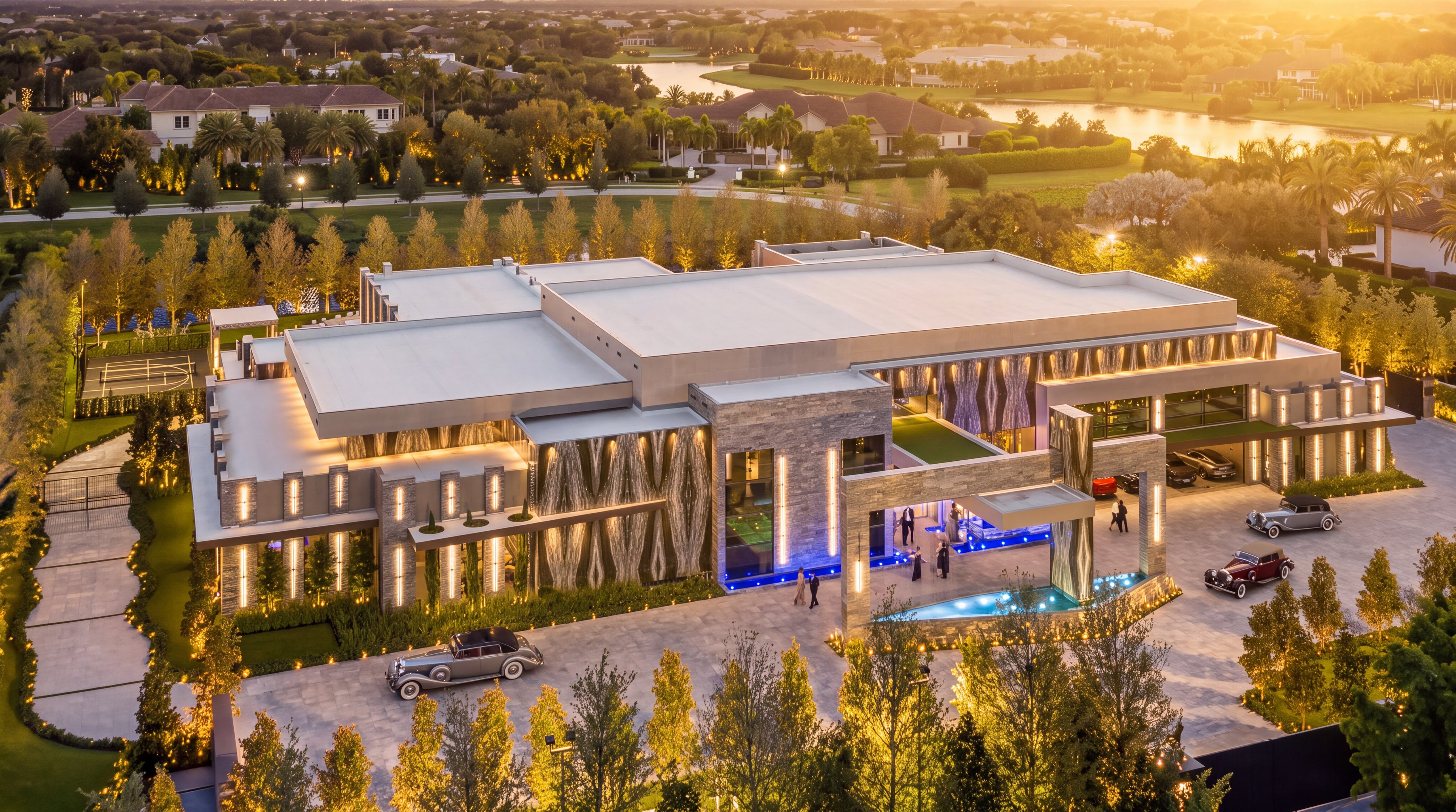 This stunning aerial view captures a sprawling, modern luxury estate illuminated at twilight. The architecture features clean lines, stone-clad facades, and expansive glass elements, complemented by a dramatic water feature at the entrance and a private tennis court. The meticulously landscaped grounds are accented with warm exterior lighting, creating a sophisticated and inviting atmosphere against the backdrop of a serene lake and neighborhood lights.