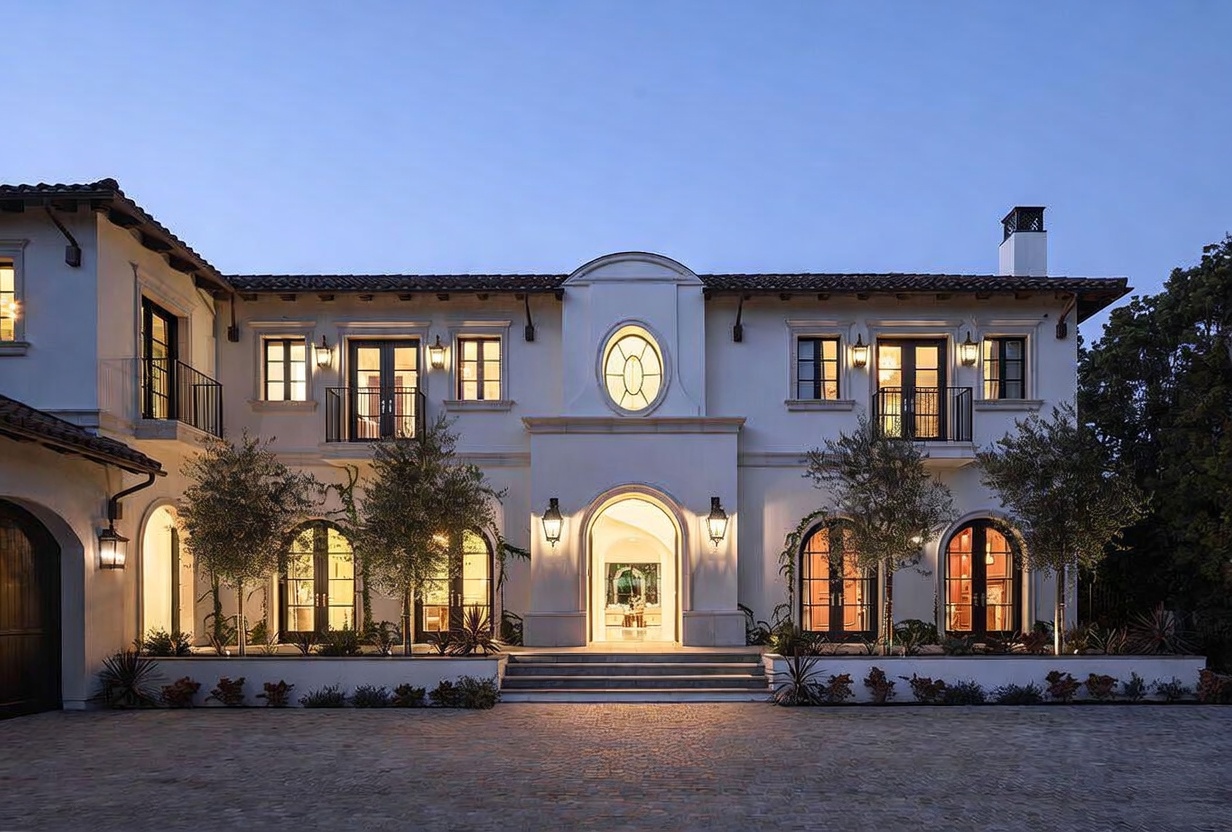 This grand Mediterranean-style estate features a symmetrical white stucco facade with a prominent arched entryway and a distinctive oval window at the center. The exterior is accented by dark-framed windows, wrought-iron balcony railings, and a tiled roof, all set against a paved cobblestone motor court. The scene is captured at dusk, with warm exterior lighting highlighting the architectural details and manicured landscaping.