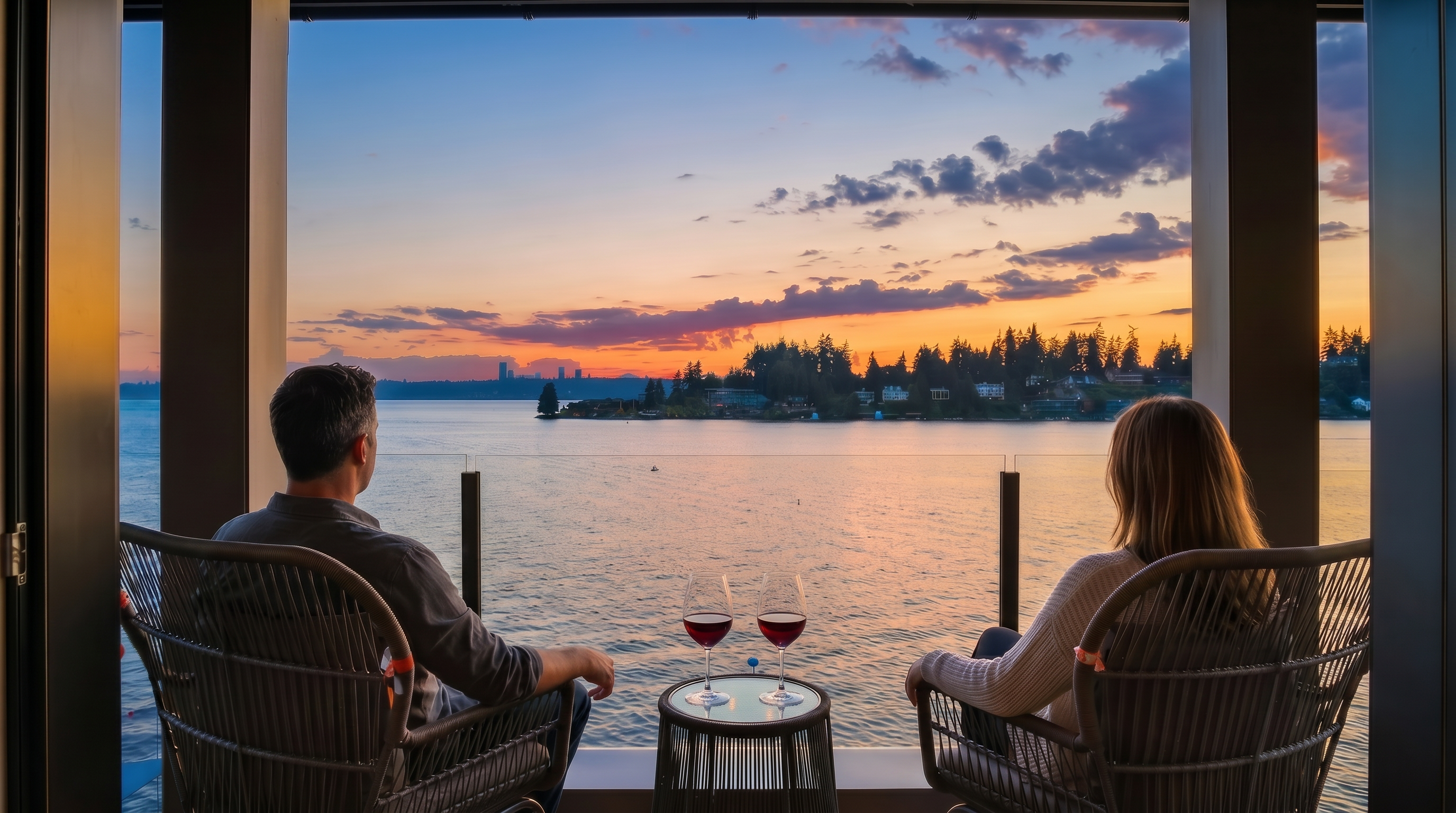This balcony offers a serene, elevated perspective overlooking a calm lake at sunset. Two woven armchairs and a small matching side table are positioned to take full advantage of the expansive water view, which is framed by large, floor-to-ceiling glass panels. The scene captures a peaceful atmosphere with a vibrant, colorful sky reflecting over the water and distant treeline.
