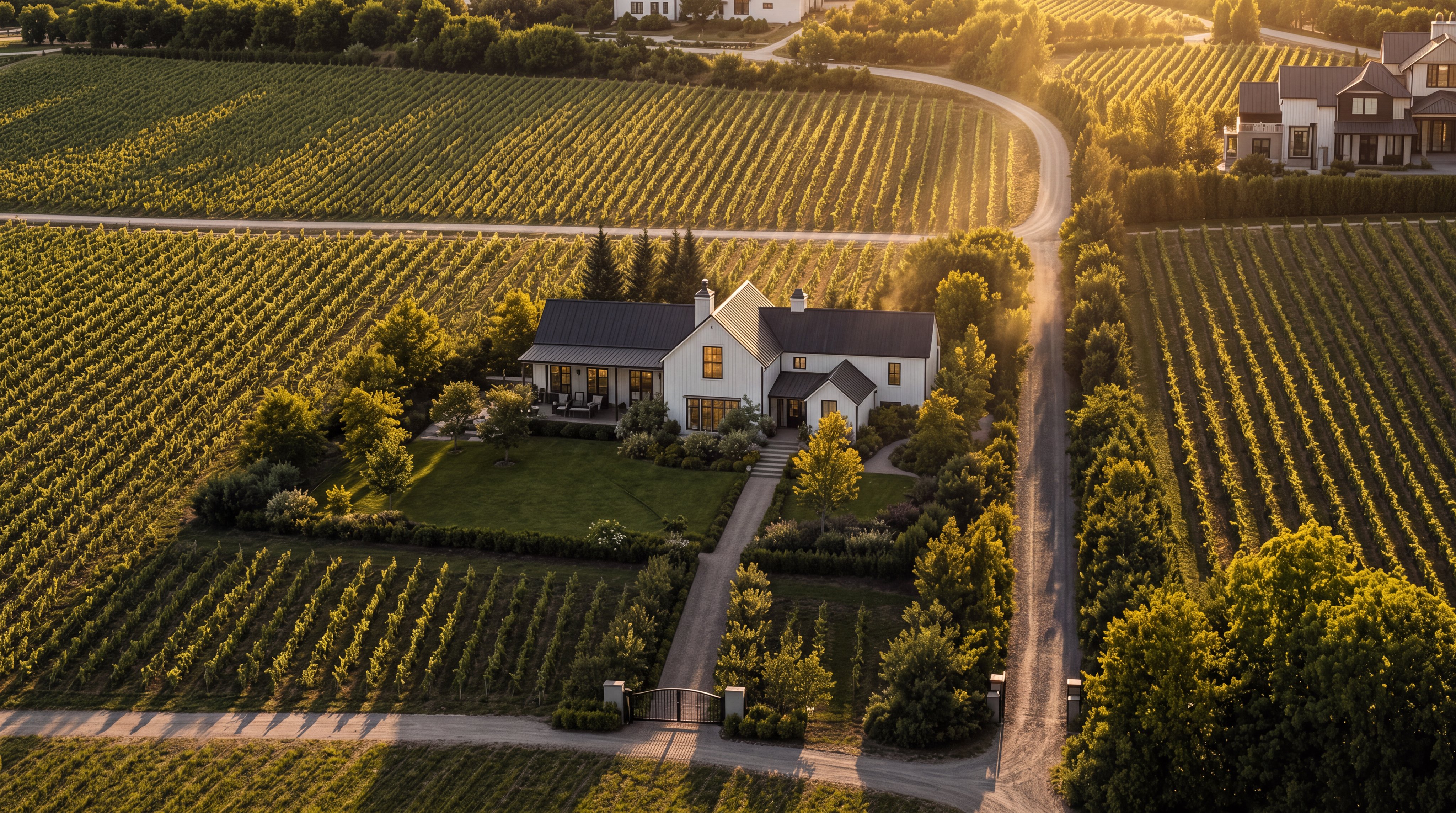 This aerial view captures a stunning modern farmhouse situated in the heart of lush, expansive vineyards. The property features a crisp white facade with a high-contrast dark metal roof, surrounded by well-manicured landscaping, a private lawn, and a long, winding gravel driveway. The overall aesthetic is one of serene luxury, blending sophisticated architectural design with the picturesque beauty of a sprawling rural estate.