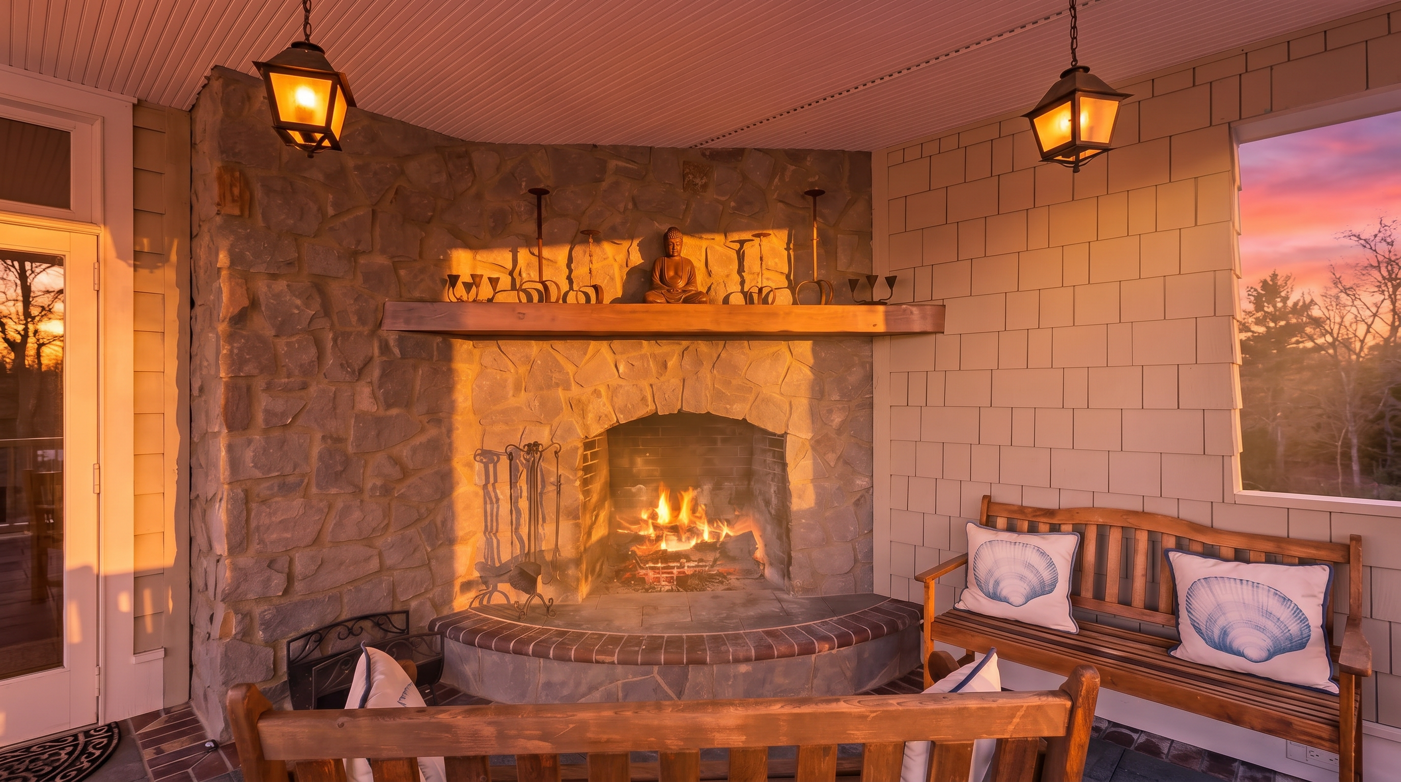 This inviting covered outdoor living space features a prominent stone-clad fireplace with a natural wood mantel and a curved brick-edged hearth. The area is furnished with wooden benches adorned with nautical-themed shell pillows, creating a cozy and relaxed atmosphere. Two hanging lanterns provide warm illumination, while the combination of stone masonry and light-colored siding gives the space a rustic, coastal-inspired aesthetic.