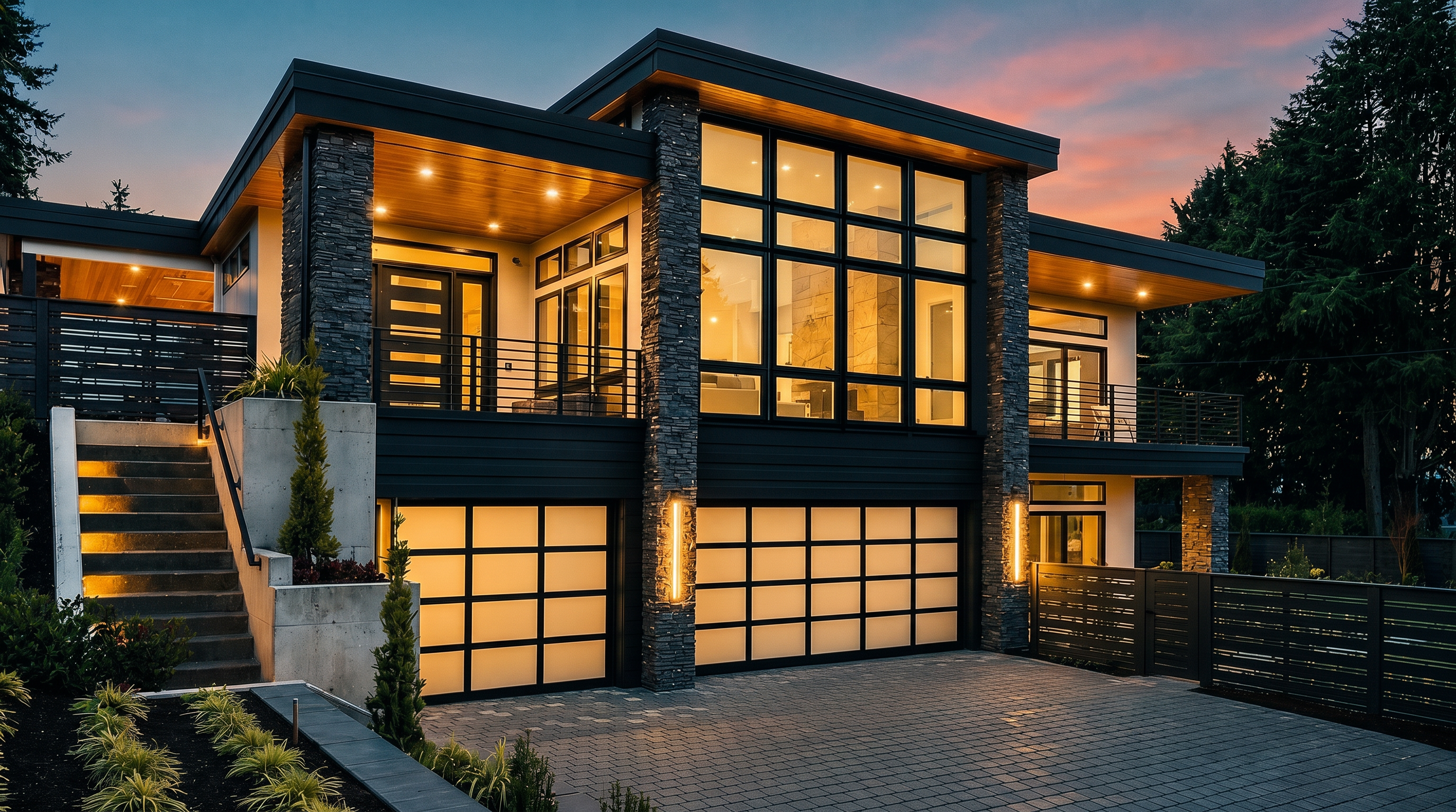 This striking modern residence features a multi-level facade characterized by dark horizontal siding, stacked stone pillars, and warm wood-toned soffits. The front elevation showcases a prominent two-story glass wall, a spacious upper-level balcony with metal railings, and a double-car garage with frosted glass doors. A concrete staircase with integrated lighting leads to the main entrance, creating a sophisticated and inviting curb appeal at dusk.