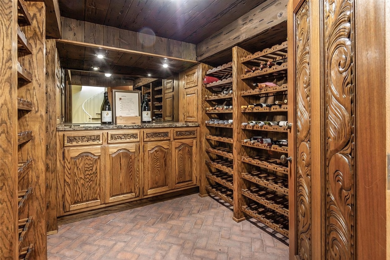 This sophisticated wine cellar features extensive custom wood cabinetry and shelving designed for organized bottle storage. The space is anchored by a brick-patterned floor and a central counter area with a mirror backsplash, creating a warm and inviting atmosphere. The intricate carved wood detailing on the door frame adds a touch of craftsmanship to this dedicated storage room.