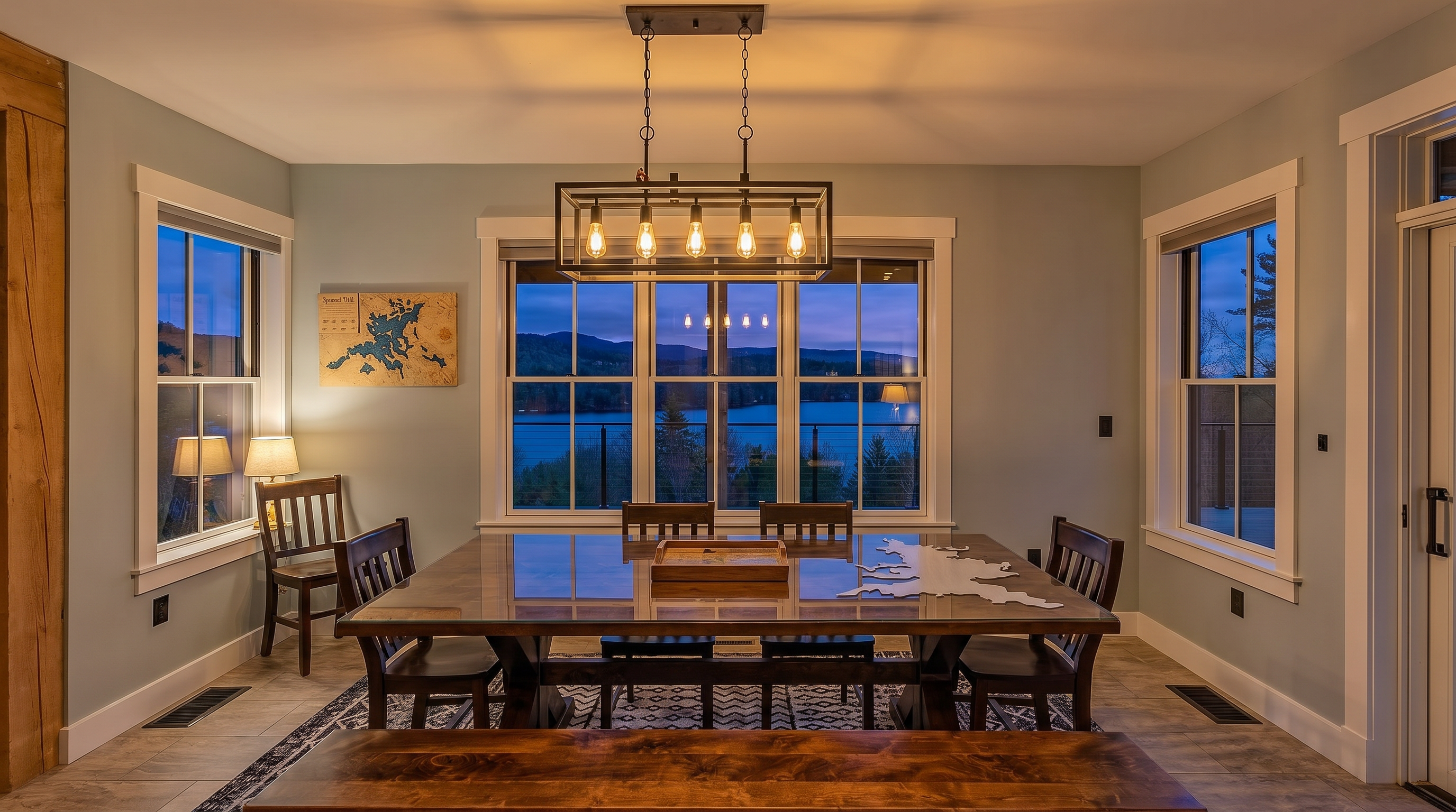 This bright dining room features a large rectangular table with a glass top and a wooden base, surrounded by dark chairs and a matching wooden bench in the foreground. A modern, rectangular chandelier with exposed bulbs hangs above the table, while large windows provide expansive views of the lake and surrounding mountains. The room is finished with light blue walls, a patterned area rug, and tile flooring, creating a serene and inviting atmosphere.
