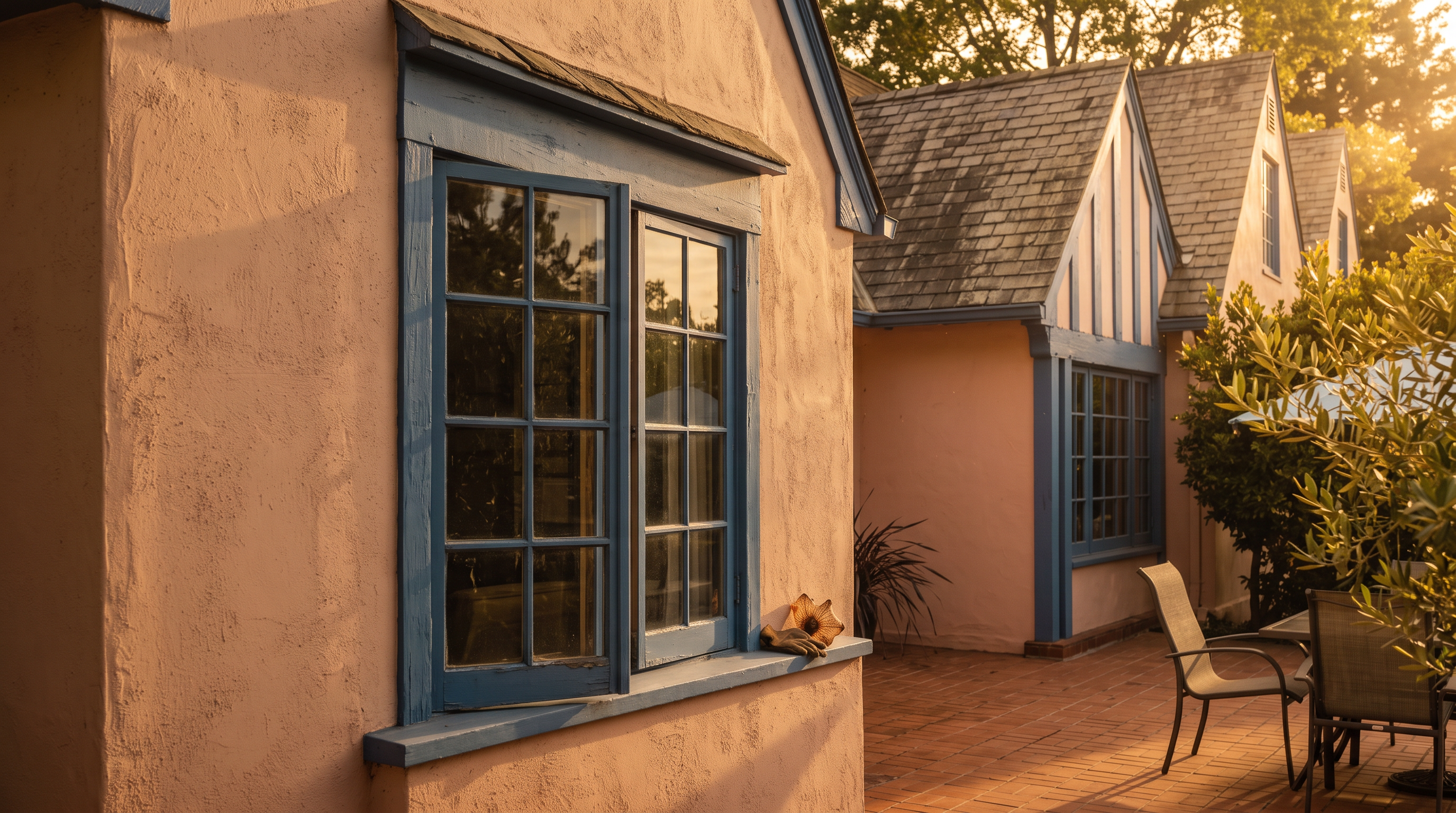 This charming, pink-hued cottage features a classic gabled roofline and blue-trimmed windows, set against a backdrop of lush, mature trees. A spacious brick patio extends from the house, leading to a well-manicured lawn with a curved brick border. The perspective is captured from an elevated vantage point, showcasing the home's integration with its serene, park-like landscape.