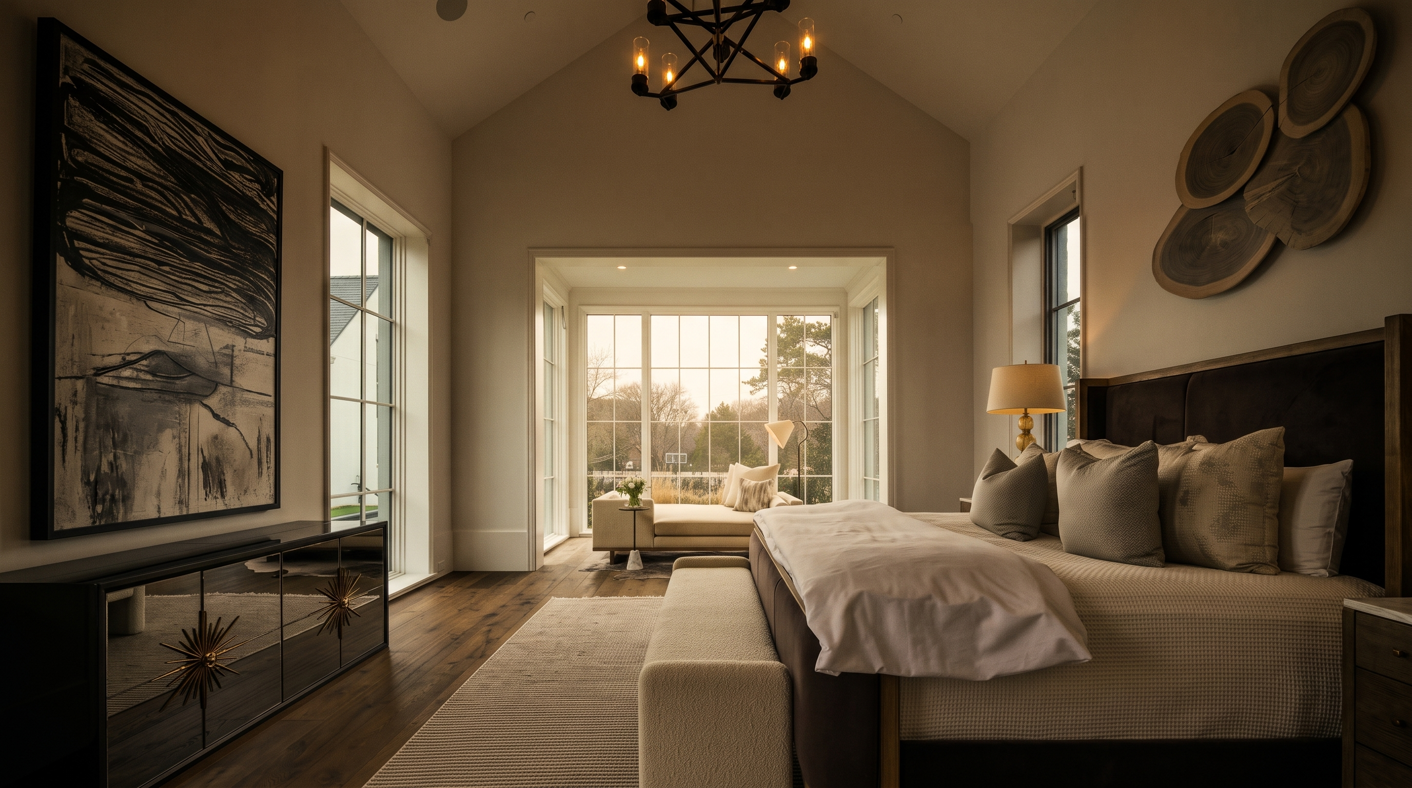 This spacious primary bedroom features a vaulted ceiling with a modern black chandelier and light-toned walls. The room is anchored by a large bed with a dark upholstered headboard, a textured bench at the foot, and a mirrored dresser with starburst hardware. A bright seating area is positioned in a sun-drenched alcove surrounded by large windows that offer a view of the outdoor landscape.