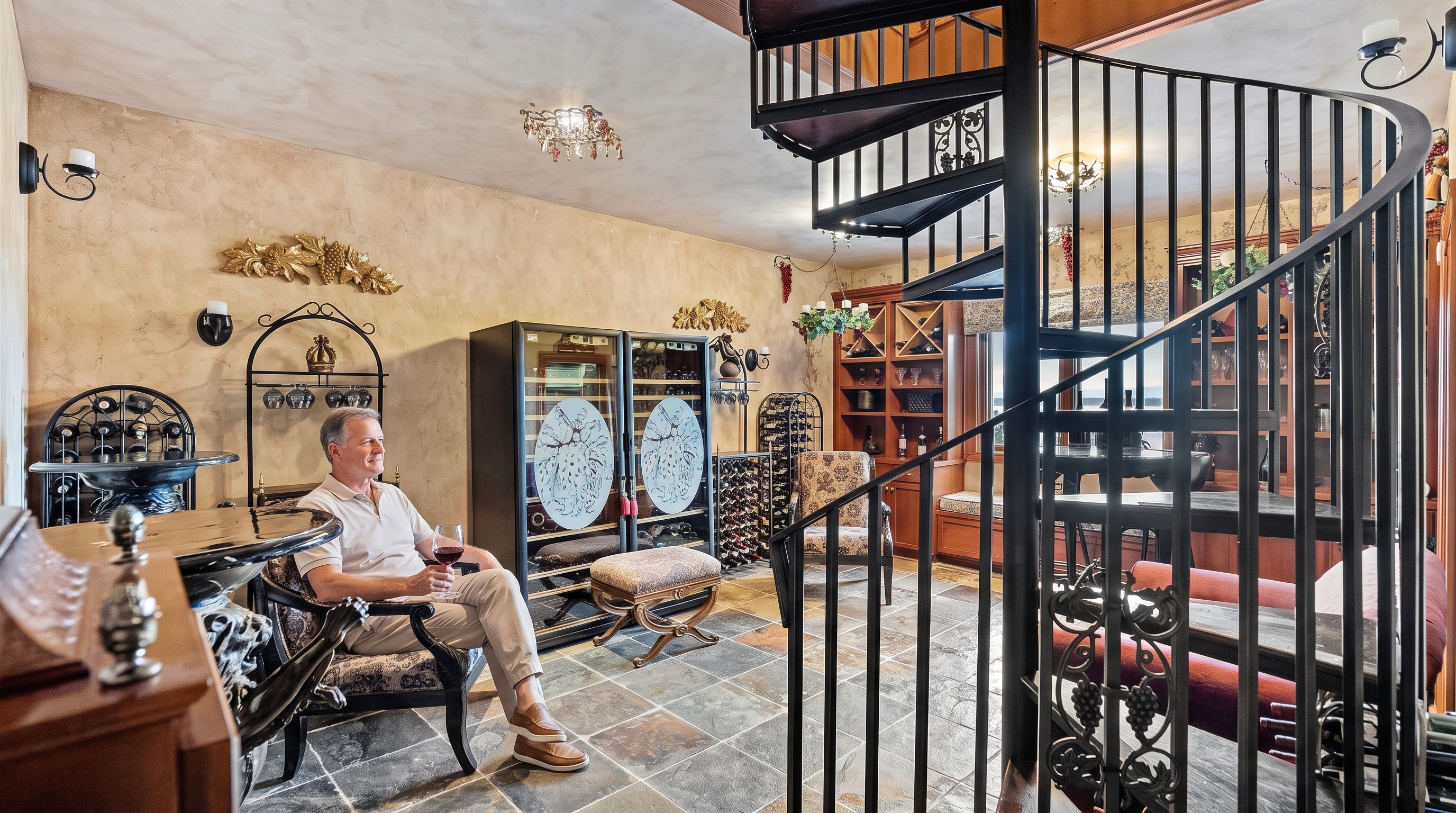 This sophisticated wine cellar features a prominent black metal spiral staircase as its central architectural focal point. The room is furnished with patterned armchairs, a small ottoman, and specialized wine storage cabinets with decorative glass doors, all set against textured, warm-toned walls and stone-tiled flooring. The space exudes an elegant, old-world charm, enhanced by ornate wall decor and built-in shelving units.