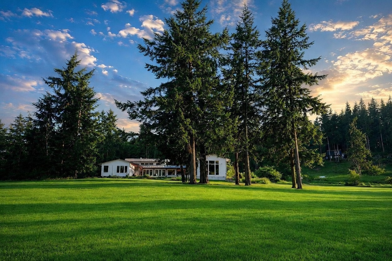 This expansive property features a sprawling, well-manicured green lawn that leads up to a contemporary white home nestled among tall, mature evergreen trees. The scene is captured during a golden hour sunset, with soft light filtering through the branches and illuminating the clouds in the blue sky. The perspective is a wide, cinematic shot that emphasizes the peaceful, park-like setting and the integration of the residence into its natural surroundings.