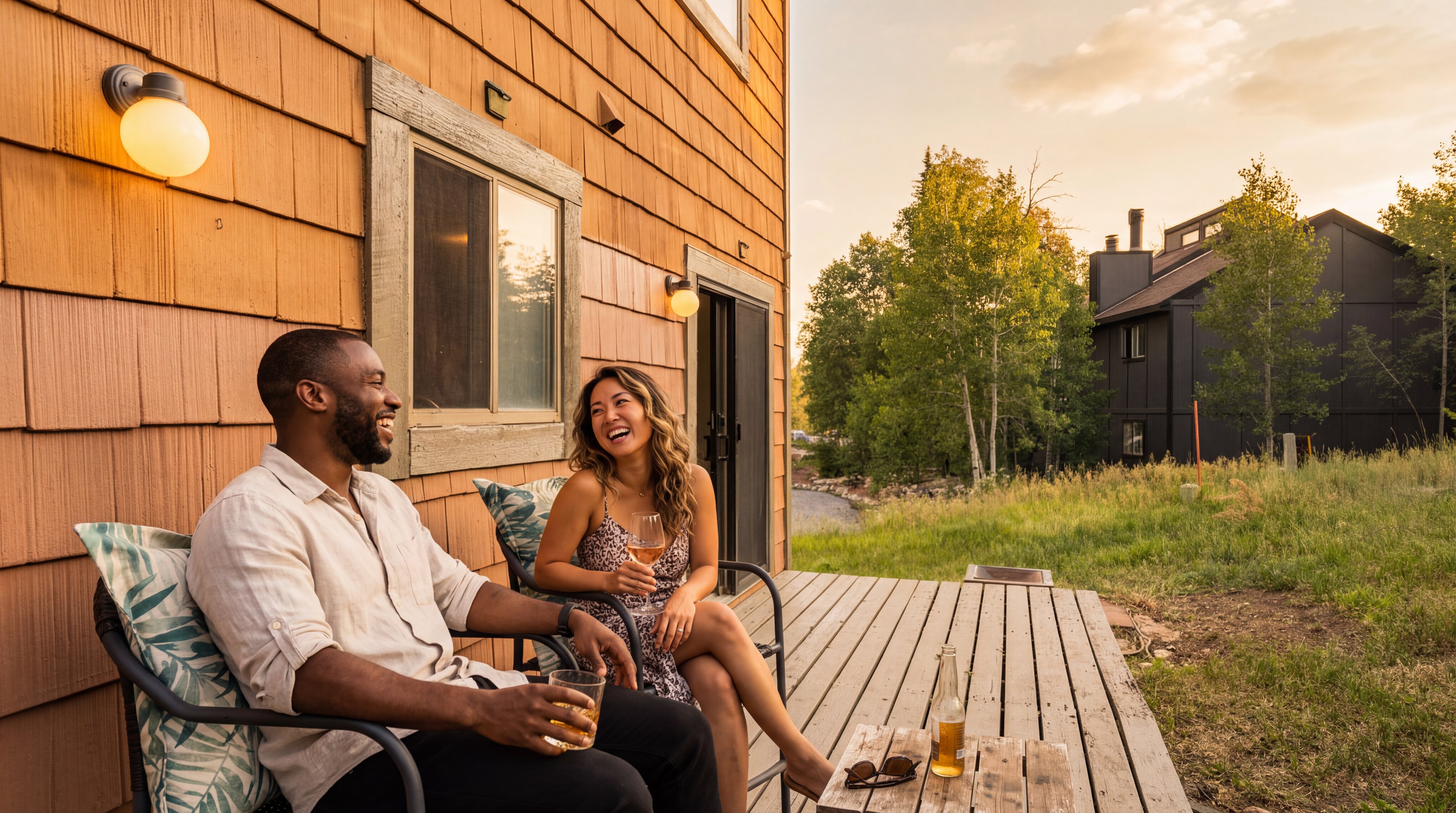 This image features a welcoming wooden deck attached to a light brown shingled house, creating a relaxed outdoor living space. A couple is seen laughing and enjoying drinks, highlighting how the space is perfect for social gatherings. The expansive view of the surrounding landscape and nearby dark-toned residential structures adds to the scenic, comfortable appeal of the property.