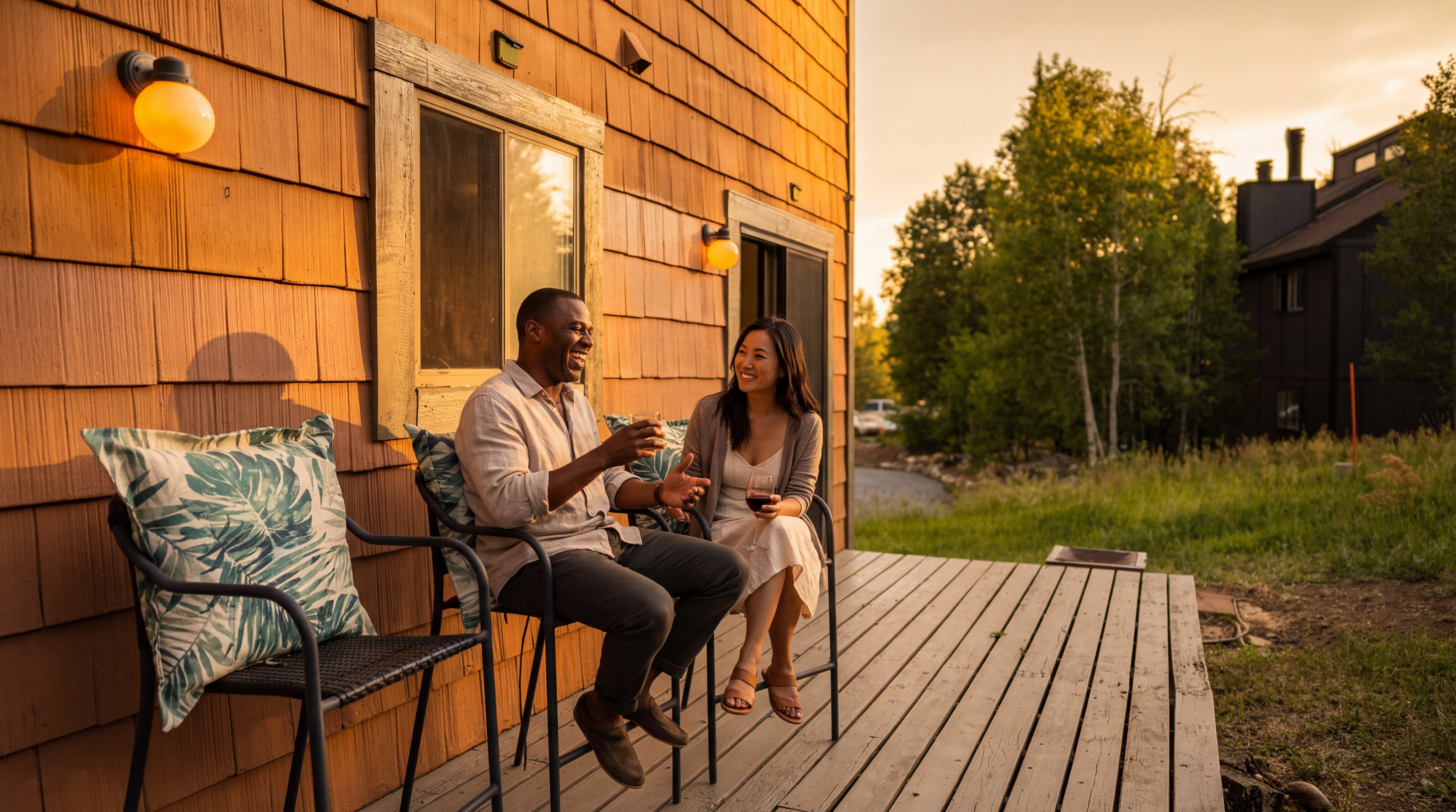 This outdoor deck space features warm, cedar-shake siding and ambient wall-mounted lighting, creating a cozy and inviting atmosphere. The deck is constructed with weathered-look wooden planks and provides a serene transition between the home's living space and the surrounding lush, natural landscape at sunset. It serves as an ideal spot for relaxation and entertaining, offering a peaceful view of the wooded backdrop.
