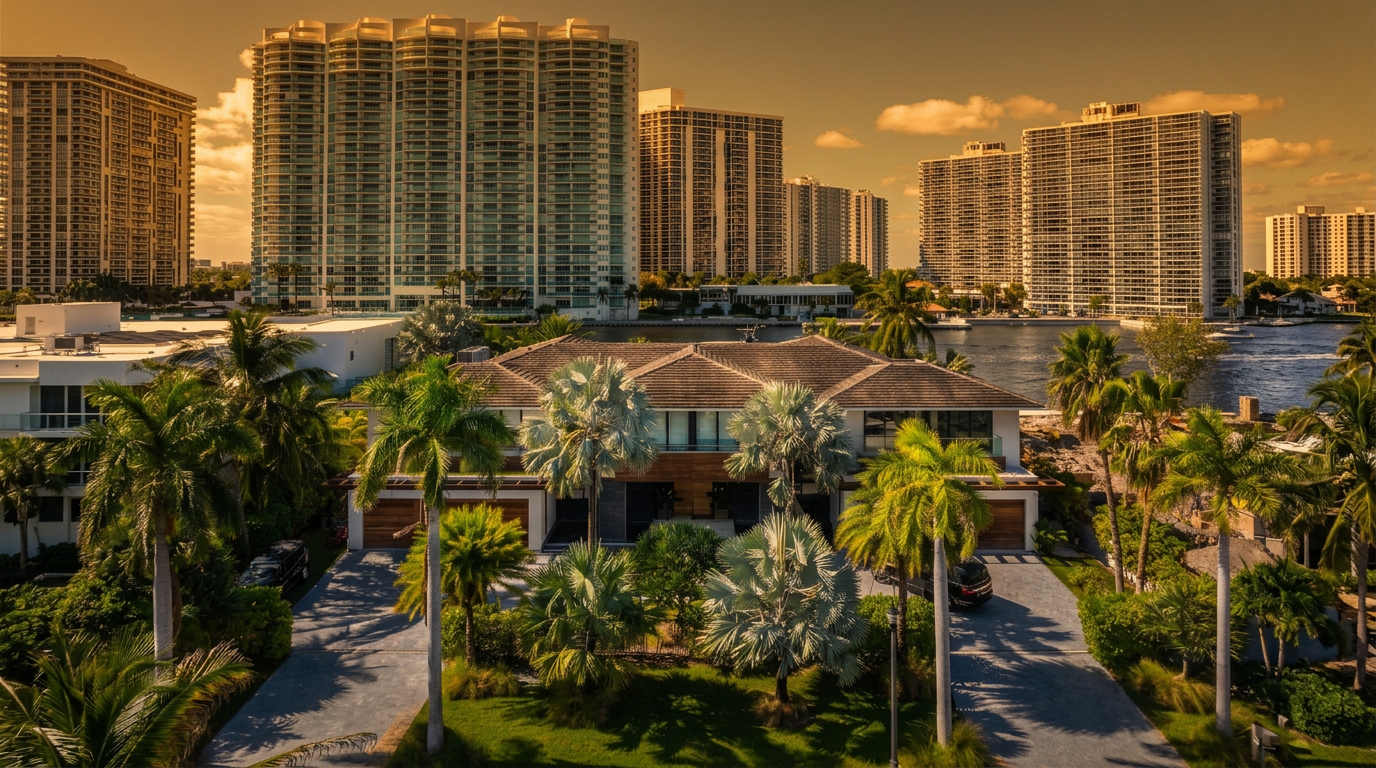 This high-angle aerial view captures a modern, two-story residence nestled between lush palm trees and a paved driveway. The home features a contemporary design with wood-paneled accents and a dark-tiled roof, positioned directly along a waterfront with a backdrop of towering glass-clad high-rise buildings. The scene conveys a sense of luxury and tropical coastal living, emphasizing the property's prime location and architectural style.