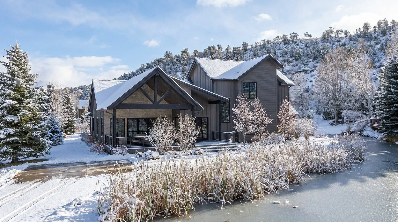 This stunning rear view of a modern mountain-style home showcases a dark wood-paneled exterior with a prominent gabled roofline and stone accents. The house is beautifully situated behind a serene, reflective pond filled with tall reeds, creating a peaceful and picturesque setting. The composition captures the architectural harmony between the residence and its natural, lush landscape under a bright, cloud-dappled sky.