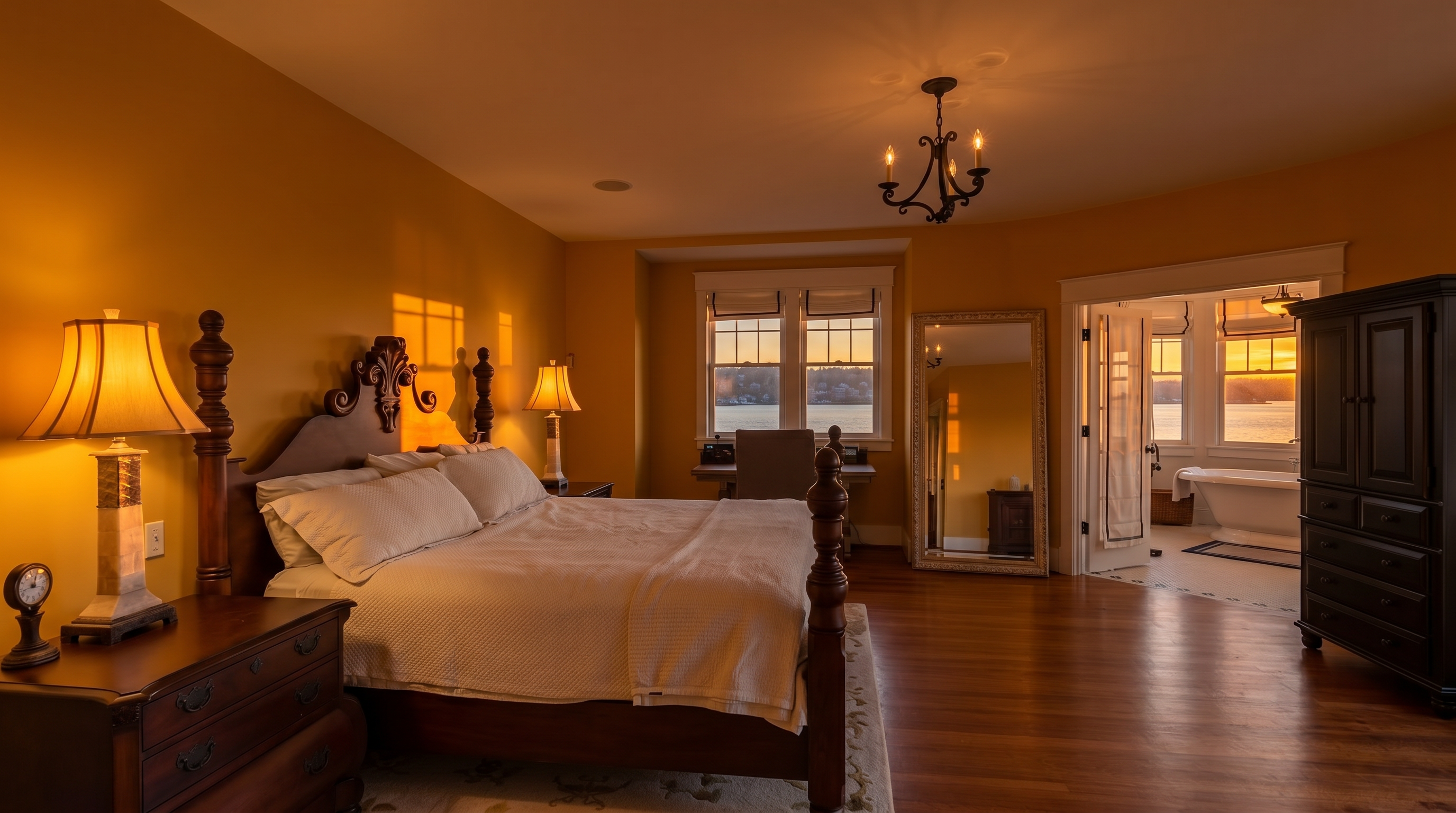 This spacious primary bedroom features warm yellow walls, rich hardwood flooring, and a large wooden bed frame as the central focal point. A long, patterned area rug stretches across the room, leading toward an open doorway that reveals a bright bathroom with a soaking tub and water views. Large windows provide ample natural light and a scenic outlook, while a tall mirror and a dark wood armoire add functional elegance to the space.