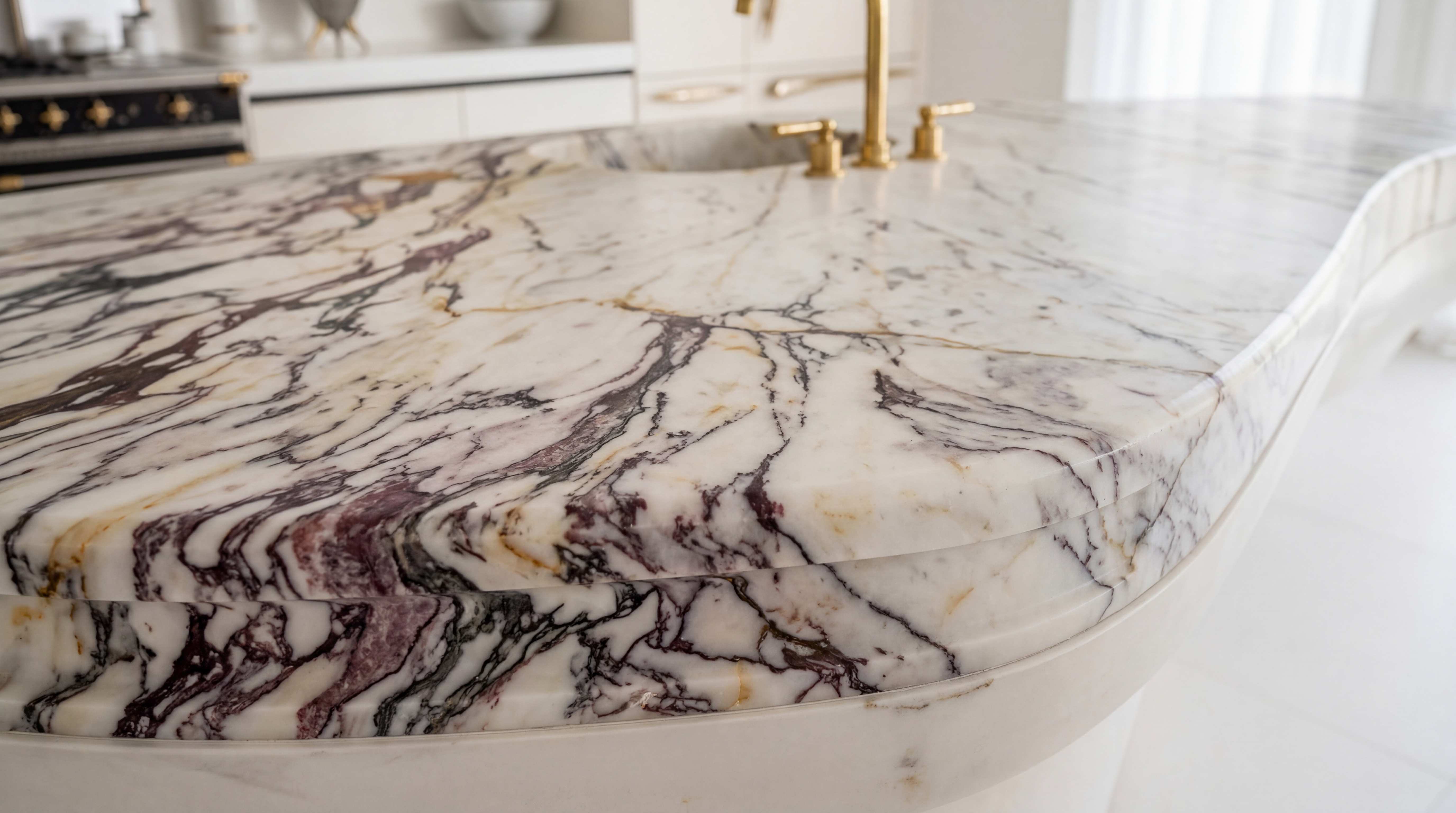 This kitchen highlights a stunningly curved island topped with Calacatta Viola marble, known for its dramatic and luxurious deep purple veining. The countertop features an elegant edge detail and is complemented by modern brass fixtures, emphasizing a high-end, sophisticated aesthetic. The blend of the rich stone patterns with the minimalist, light-toned cabinetry creates a focal point of artistic craftsmanship.