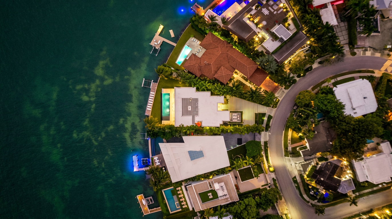 This high-angle aerial view captures a row of luxury waterfront properties along a curved coastal road at twilight. The scene highlights multiple homes with private docks, illuminated swimming pools, and lush landscaping, showcasing the exclusive nature of the neighborhood. The perspective emphasizes the seamless integration between the modern architectural designs and the tranquil, dark waters of the bay.