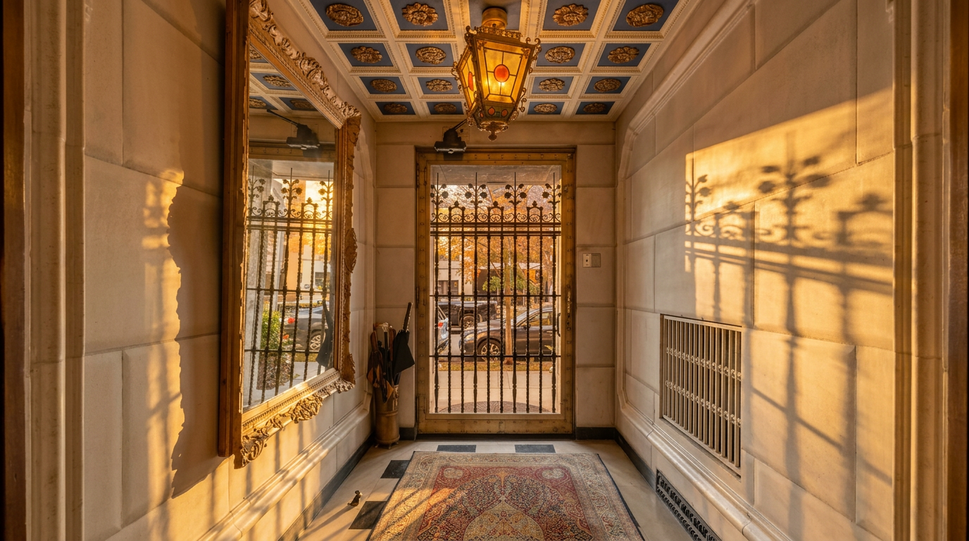 This elegant entryway features a coffered ceiling with blue and gold decorative panels and a hanging lantern-style light fixture. The walls are finished with large, light-colored stone panels, and a tall, ornate mirror hangs on the left side. A patterned area rug covers the floor, leading toward a secure metal gate that opens to an exterior street view.