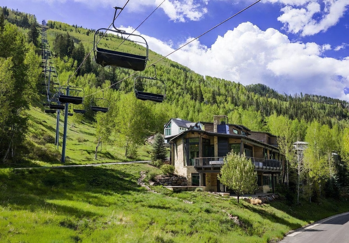 This mountain-style residence is nestled into a lush, green hillside directly adjacent to a ski lift, offering a unique slope-side perspective. The home features a multi-level design with a stone and wood exterior, expansive decks, and large windows that capture the surrounding forest and mountain scenery. The scene is set under a bright blue sky with fluffy clouds, emphasizing the property's prime location for outdoor recreation.