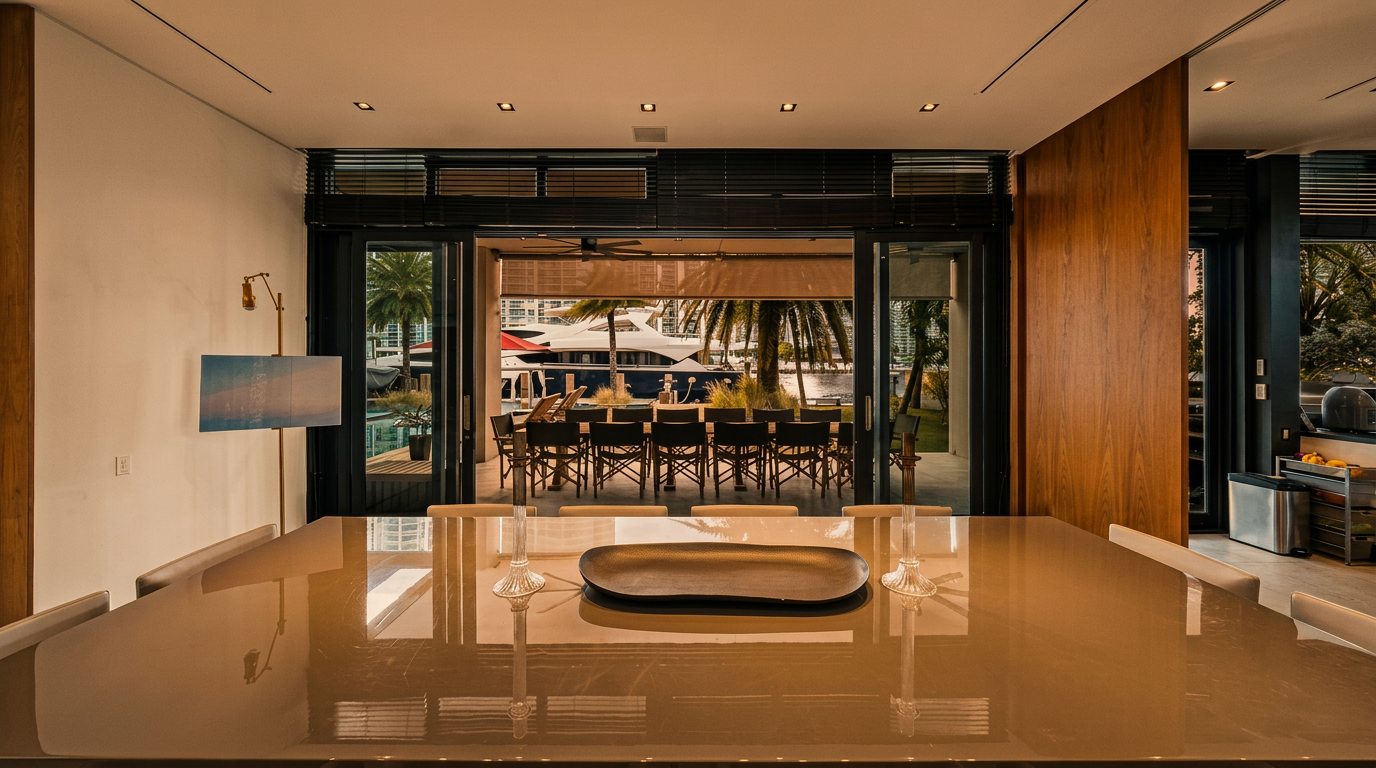 This interior view captures a sleek dining area featuring a large, glossy table with a minimalist centerpiece, looking out through expansive sliding glass doors toward a covered outdoor patio. The patio is furnished with a long dining set, creating a seamless transition between the indoor and outdoor living spaces with a view of a yacht docked on the water beyond. The room is defined by clean lines, a neutral color palette, and a warm wood-paneled accent wall, offering a sophisticated and airy atmosphere.