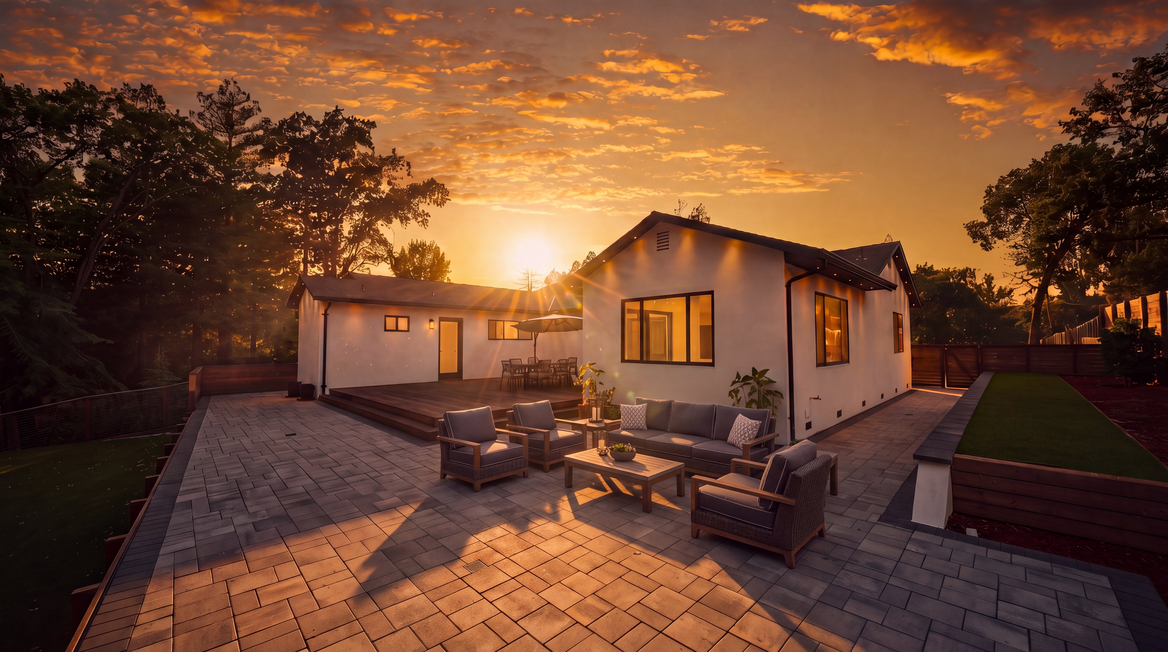This modern, white-stucco home features a spacious rear patio area with a wooden deck and extensive light-gray stone pavers. The backyard is well-manicured with a lush green lawn, tiered wood retaining walls, and ambient landscape lighting under a scenic sunset sky. It presents a highly desirable, move-in-ready outdoor living space perfect for entertaining.
