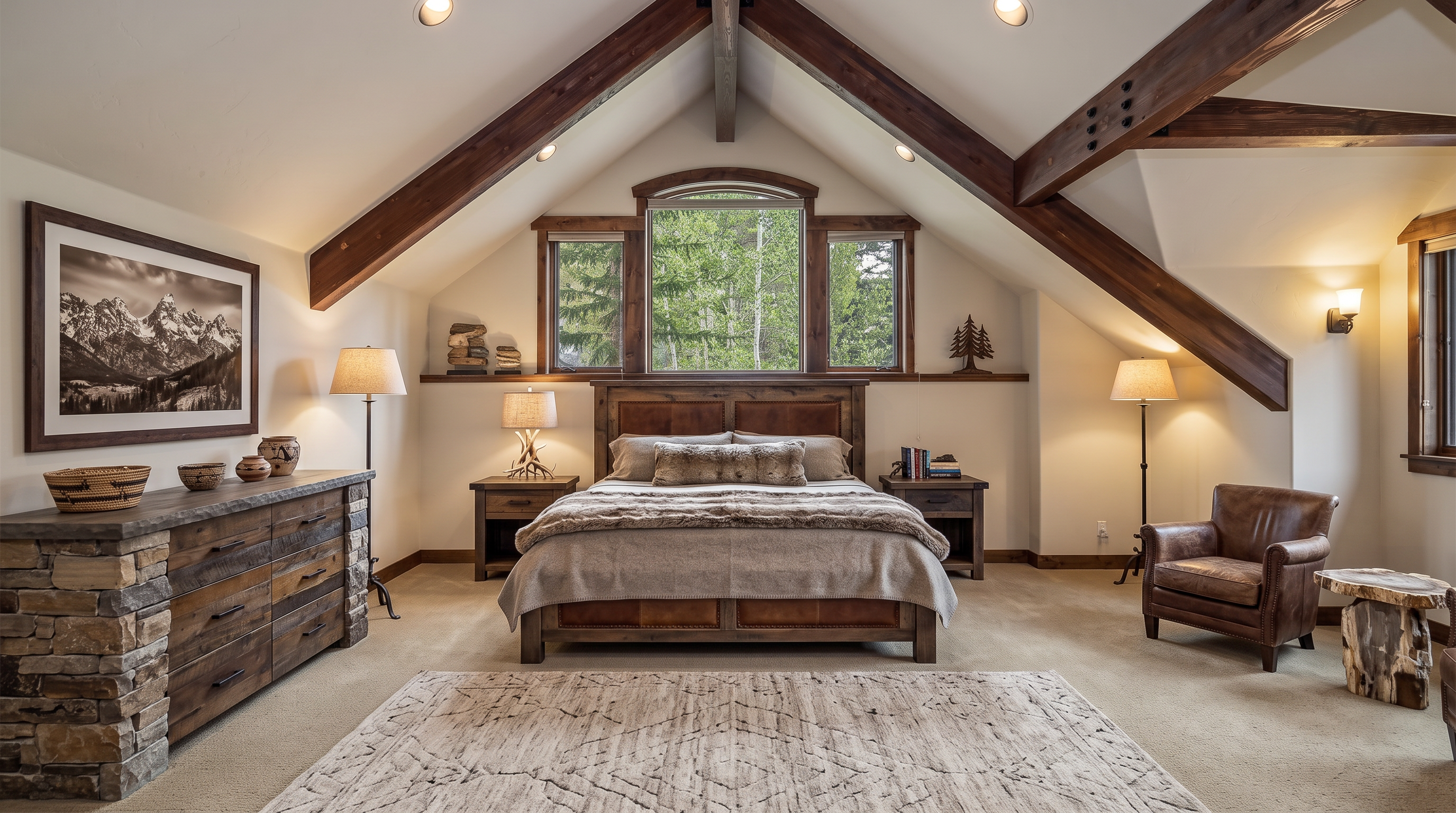 This spacious primary bedroom features a stunning vaulted ceiling with exposed dark wood beams and a rustic, mountain-inspired aesthetic. The room is anchored by a sturdy wood and leather bed frame, complemented by stone-accented furniture and a leather armchair, creating a luxurious yet cozy retreat. Large windows offer a serene view, while warm lighting and a soft textured rug complete the welcoming atmosphere.
