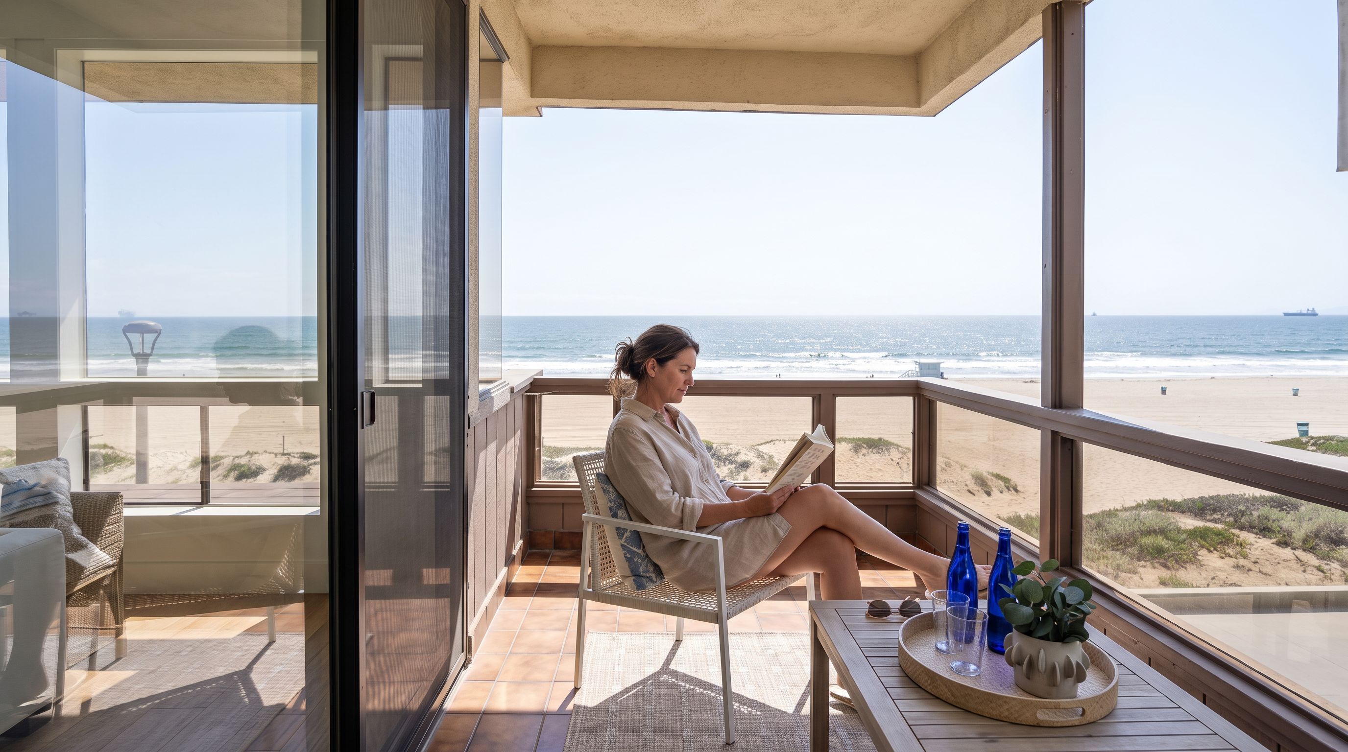 This serene, covered balcony offers a stunning, unobstructed panoramic view of the beach and ocean. It features a modern, comfortable seating area with a woman reading, glass railings to maximize the coastal scenery, and tiled flooring. The light-filled, airy space provides a relaxing, high-end environment perfect for enjoying the seaside lifestyle.