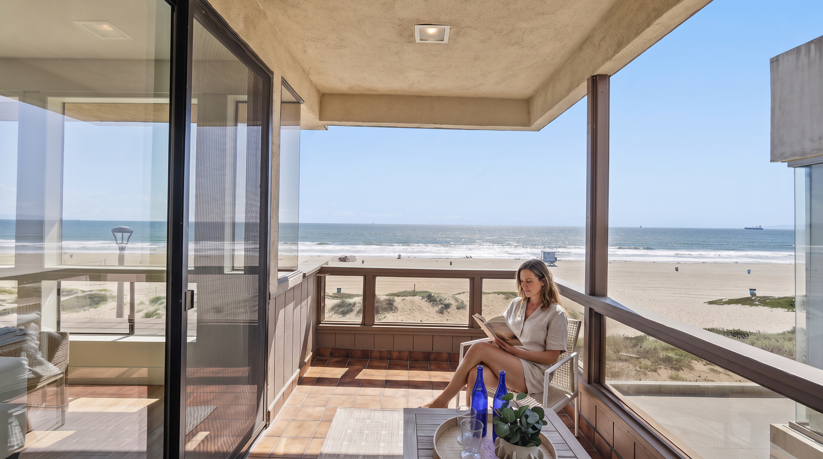 This serene, covered balcony offers stunning, unobstructed panoramic views of the ocean and beach. Featuring tiled flooring, modern outdoor furnishings, and a relaxed atmosphere, this space is perfect for enjoying the coastal breeze. The integration of large glass sliding doors creates a seamless indoor-outdoor living experience.