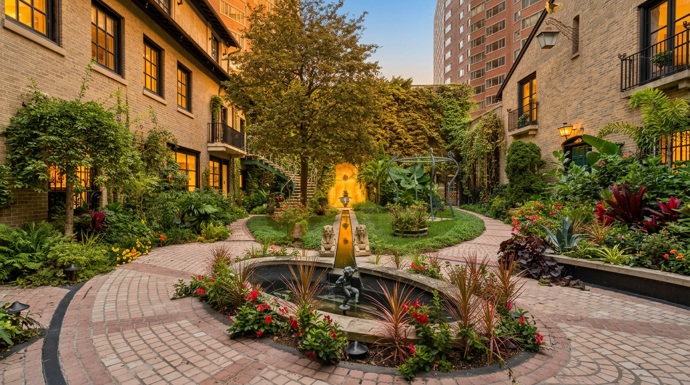 This lush, enclosed courtyard garden features a central stone fountain with a small statue, surrounded by brick-paved pathways and vibrant landscaping. The space is framed by multi-story brick buildings with climbing ivy, creating a secluded and tranquil urban oasis. A metal gazebo and decorative stone sculptures add to the sophisticated, European-inspired aesthetic of this private outdoor retreat.