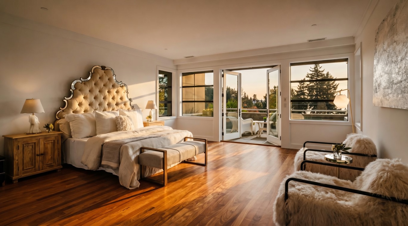 This spacious primary bedroom features warm wood flooring and a large, tufted headboard as the focal point. The room is bright and airy, with double glass doors leading out to a private balcony and large windows that invite natural light. Two plush, fur-covered chairs sit in the foreground, creating a cozy seating area within the suite.