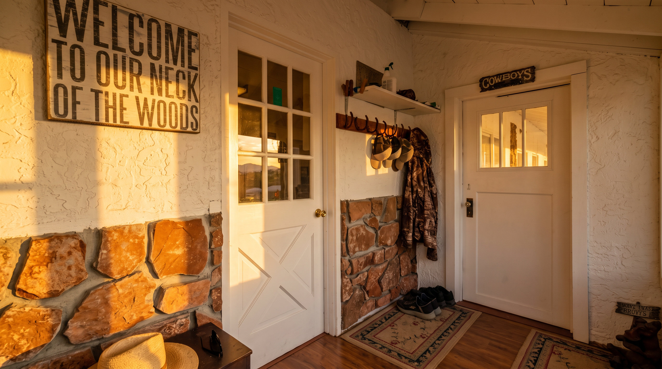 This rustic-style covered entryway features white-painted walls accented with sections of natural stone veneer. The space includes two white doors with glass panes, a wooden coat rack with hooks, and a small shelf for storage. A patterned rug lies on the wood-look flooring, creating a welcoming and cozy atmosphere for guests.