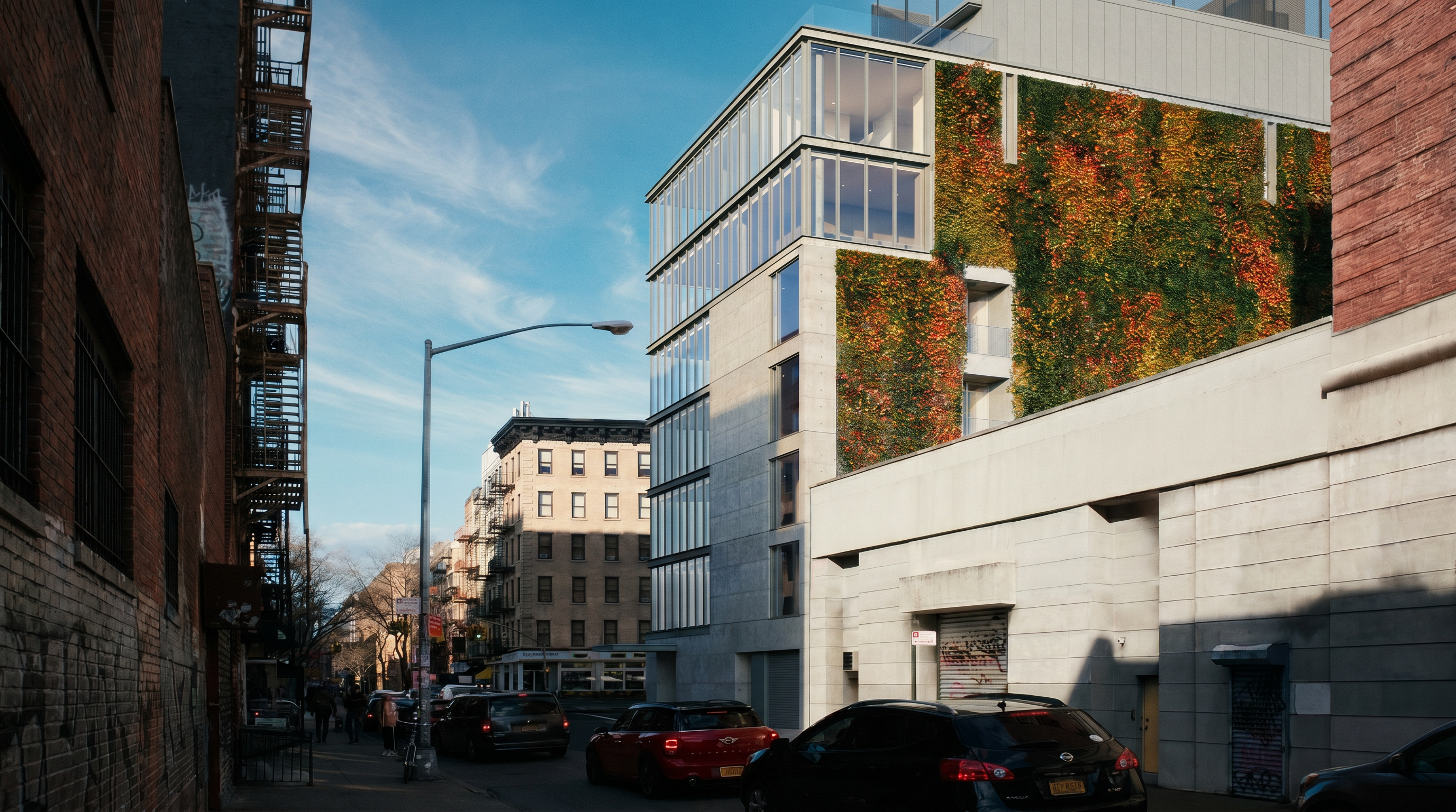 This contemporary urban building features an striking mix of glass curtain walls and a lush vertical garden on its side facade. The structure showcases a modern architectural style, contrasting with the more traditional, brick-built neighboring buildings on a quiet city street. It includes a ground-level garage entrance and a rooftop terrace, highlighting a sophisticated approach to city living.