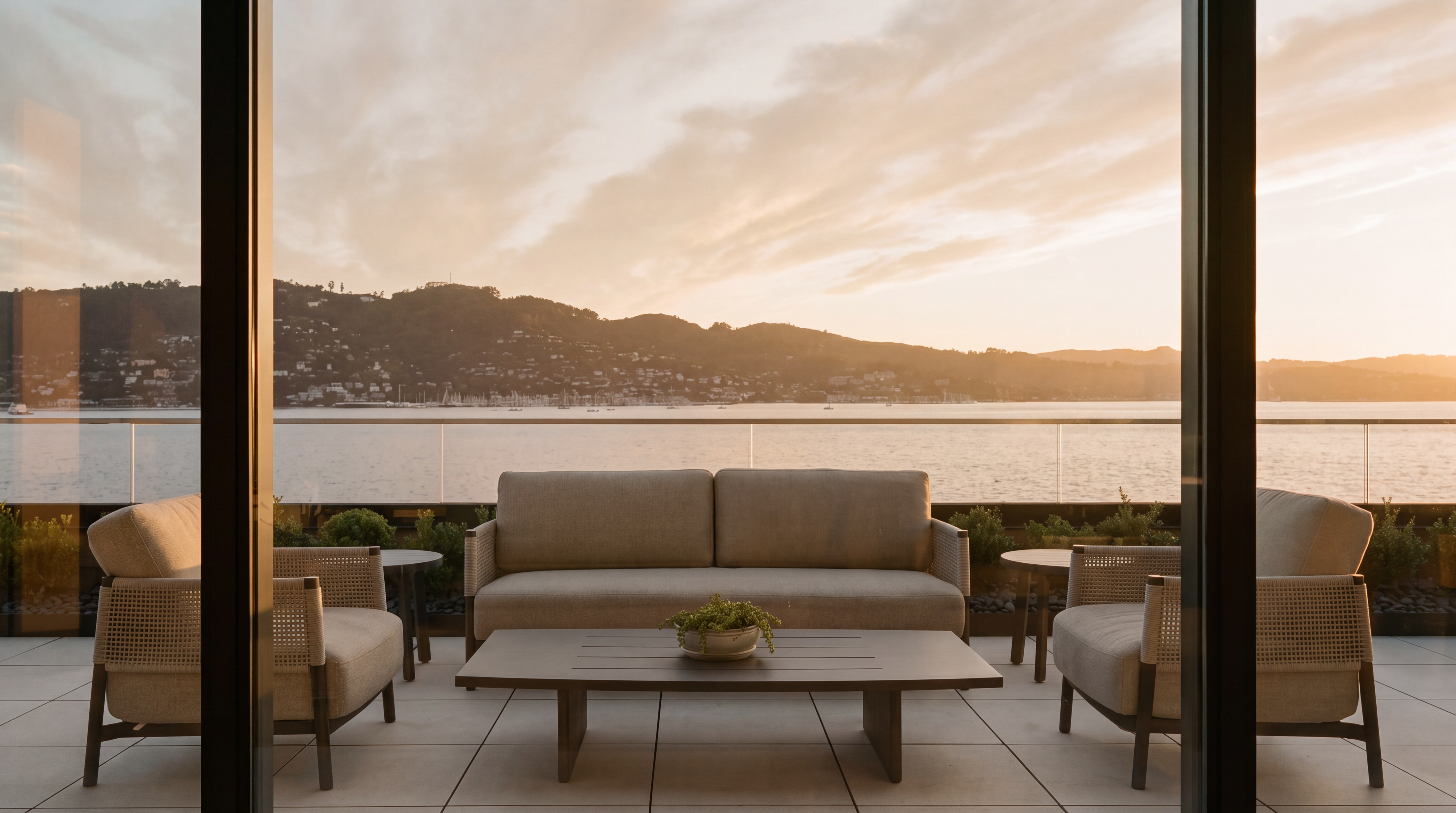 This image captures a serene balcony view at sunset, featuring a modern outdoor seating arrangement with a sofa, two armchairs, and a low coffee table. The balcony is enclosed by a sleek glass railing that provides an unobstructed view of the calm water and distant hills under a vibrant, colorful sky. The perspective is framed from inside, looking out through large glass doors, creating a seamless transition between the interior and the outdoor living space.