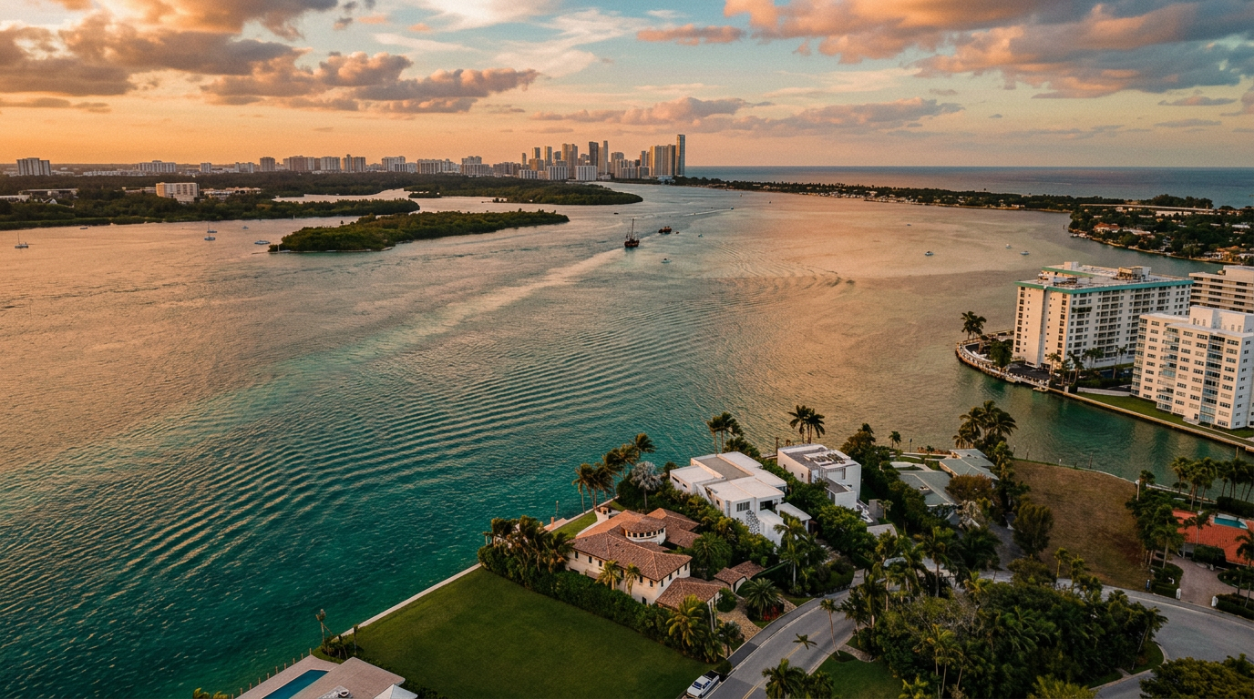 This high-angle aerial perspective captures a luxurious waterfront property situated along a vibrant turquoise bay. The scene showcases a sprawling estate with a manicured lawn, a private swimming pool, and lush tropical landscaping, all set against a panoramic backdrop of the distant city skyline and open water. The composition emphasizes the prime coastal location and the expansive, serene environment surrounding the residence.