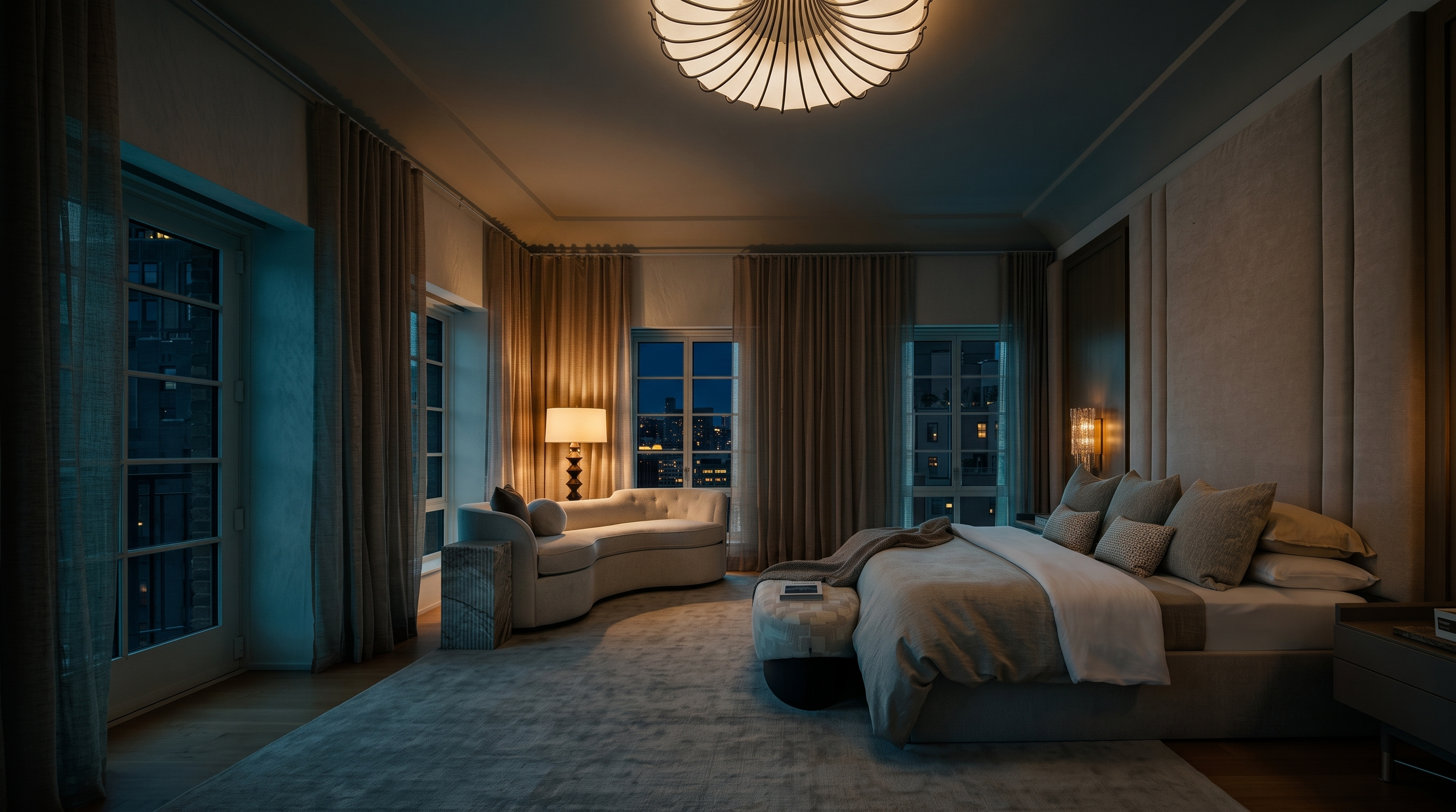 This expansive primary bedroom features a neutral, monochromatic color palette with soft textures and elegant, modern furnishings. A large, curved sofa sits near tall windows draped in sheer curtains, while a plush bed with layered linens serves as the room's focal point beneath a striking, sculptural chandelier. The space is bathed in natural light, creating a serene and sophisticated atmosphere suitable for a luxury residence.