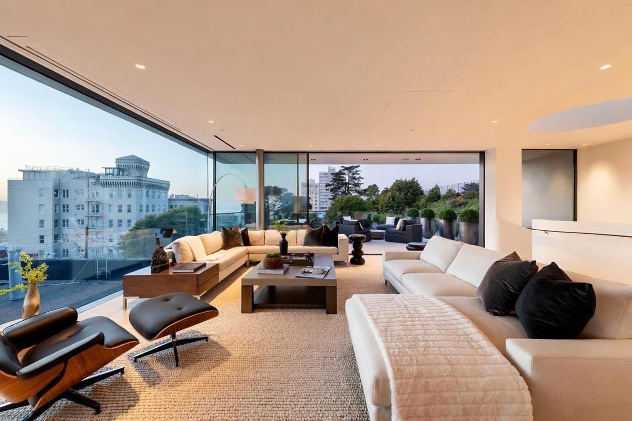 This expansive, modern living room features an open-concept layout with floor-to-ceiling glass walls that provide panoramic city views and seamless access to an outdoor terrace. The space is furnished with two large, neutral-toned sectional sofas, a central coffee table, and a classic lounge chair, all arranged on a textured area rug. The minimalist design is complemented by recessed lighting and a neutral color palette, creating an airy and sophisticated atmosphere.