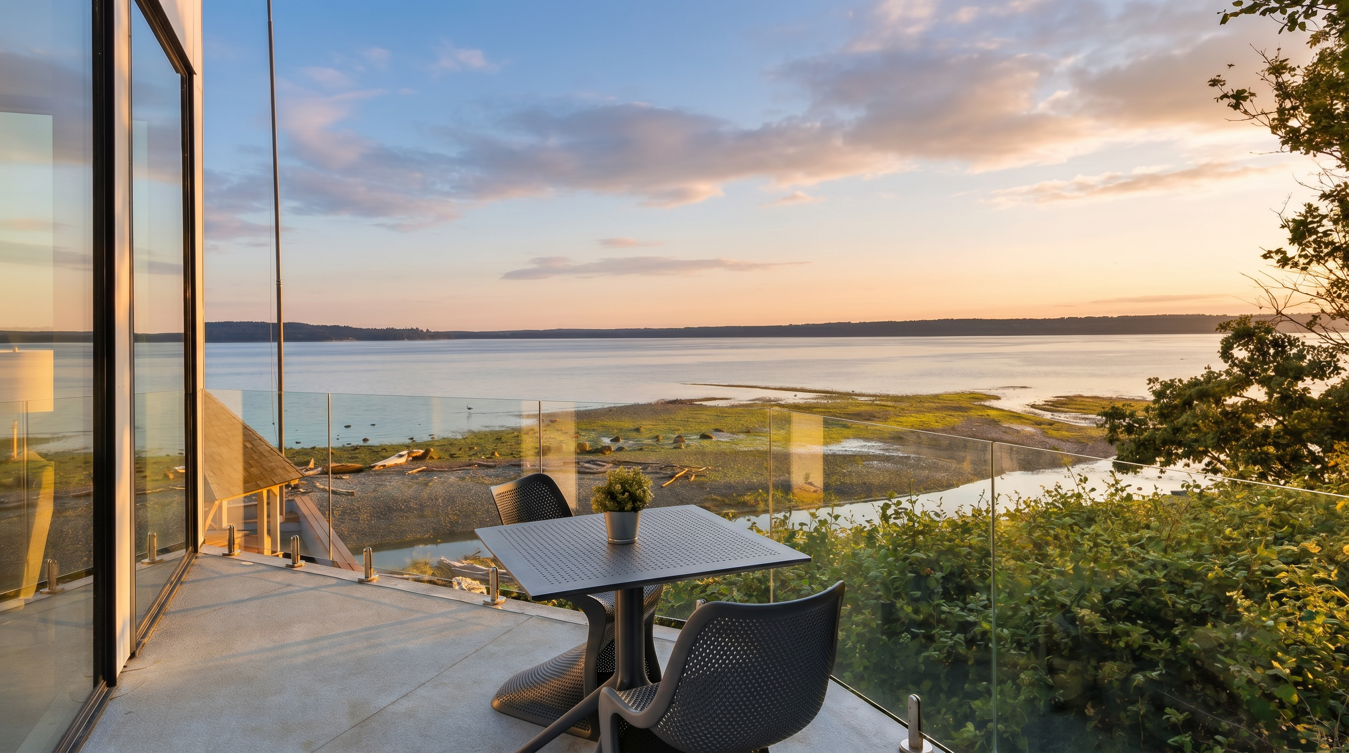 This elevated balcony offers a panoramic, unobstructed view of a tranquil bay and shoreline, framed by a sleek glass railing. A small, modern bistro set with two chairs and a potted plant sits on the paved surface, creating an inviting space for outdoor relaxation. The perspective captures the seamless transition between the private living space and the expansive natural landscape beyond.